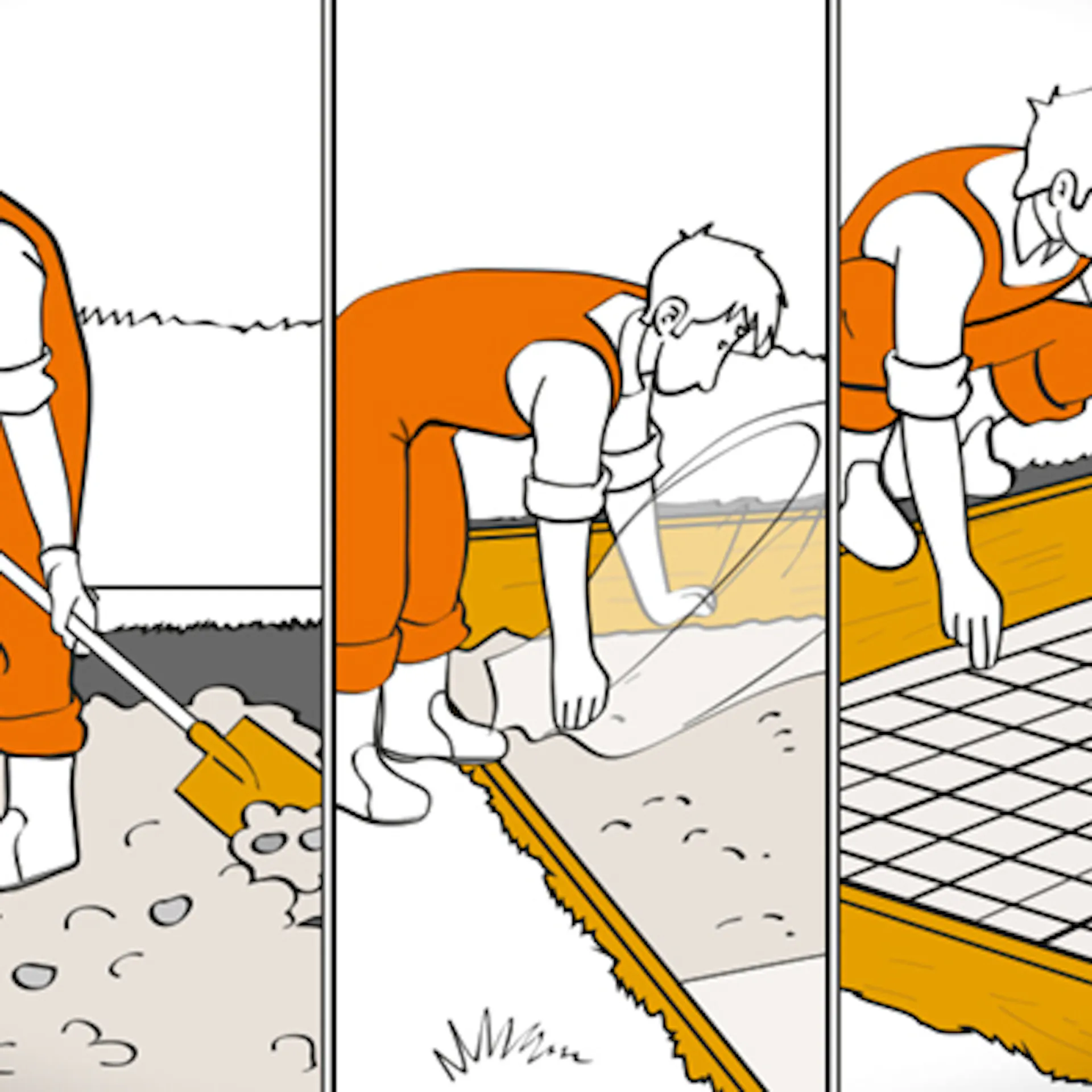 Heimwerker füllt Kies-Schicht in Untergrund ein, verlegt Plane und Bewehrung für ein Fundament.