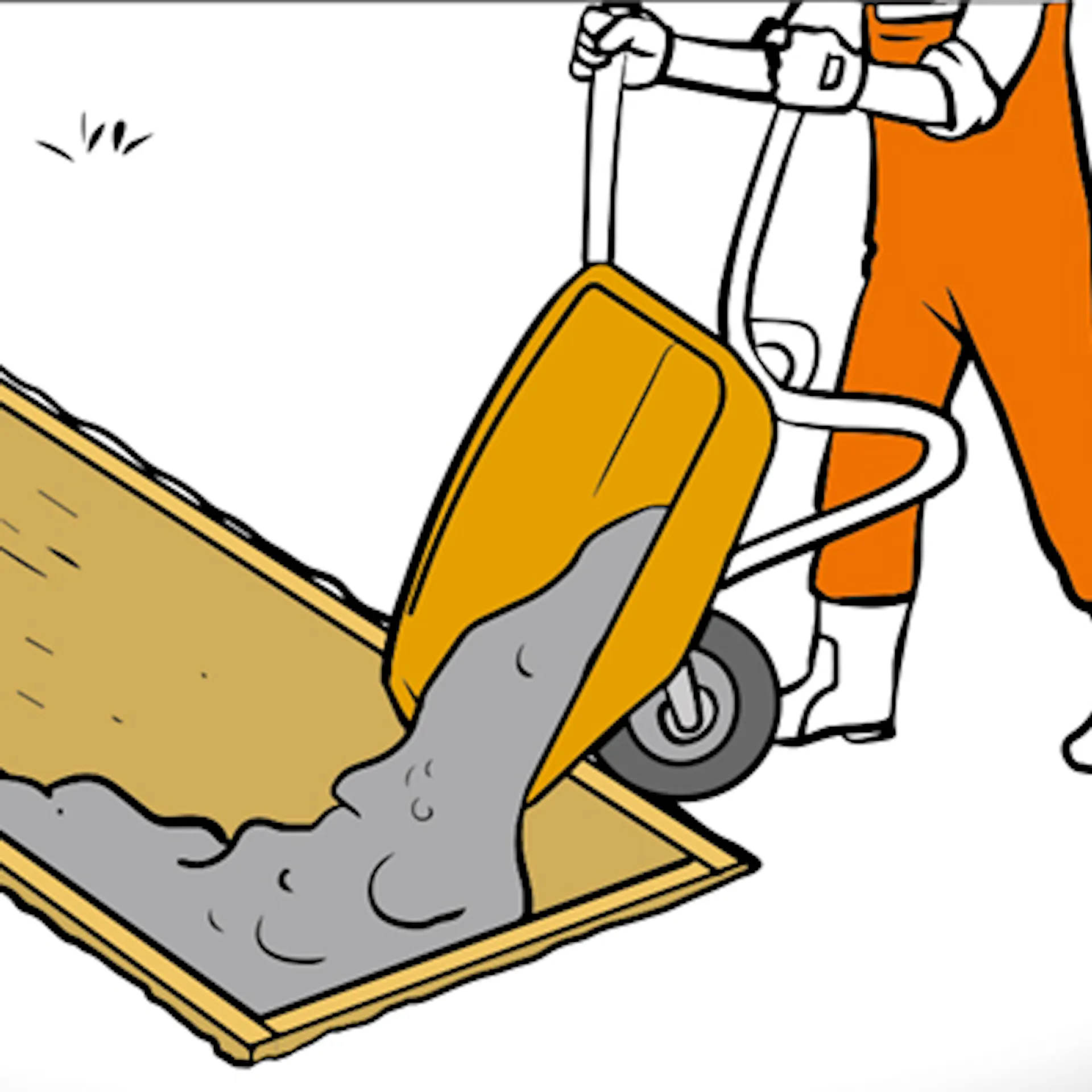 Heimwerker gießt mit einer Schubkarre Beton in Fundamentgrube.