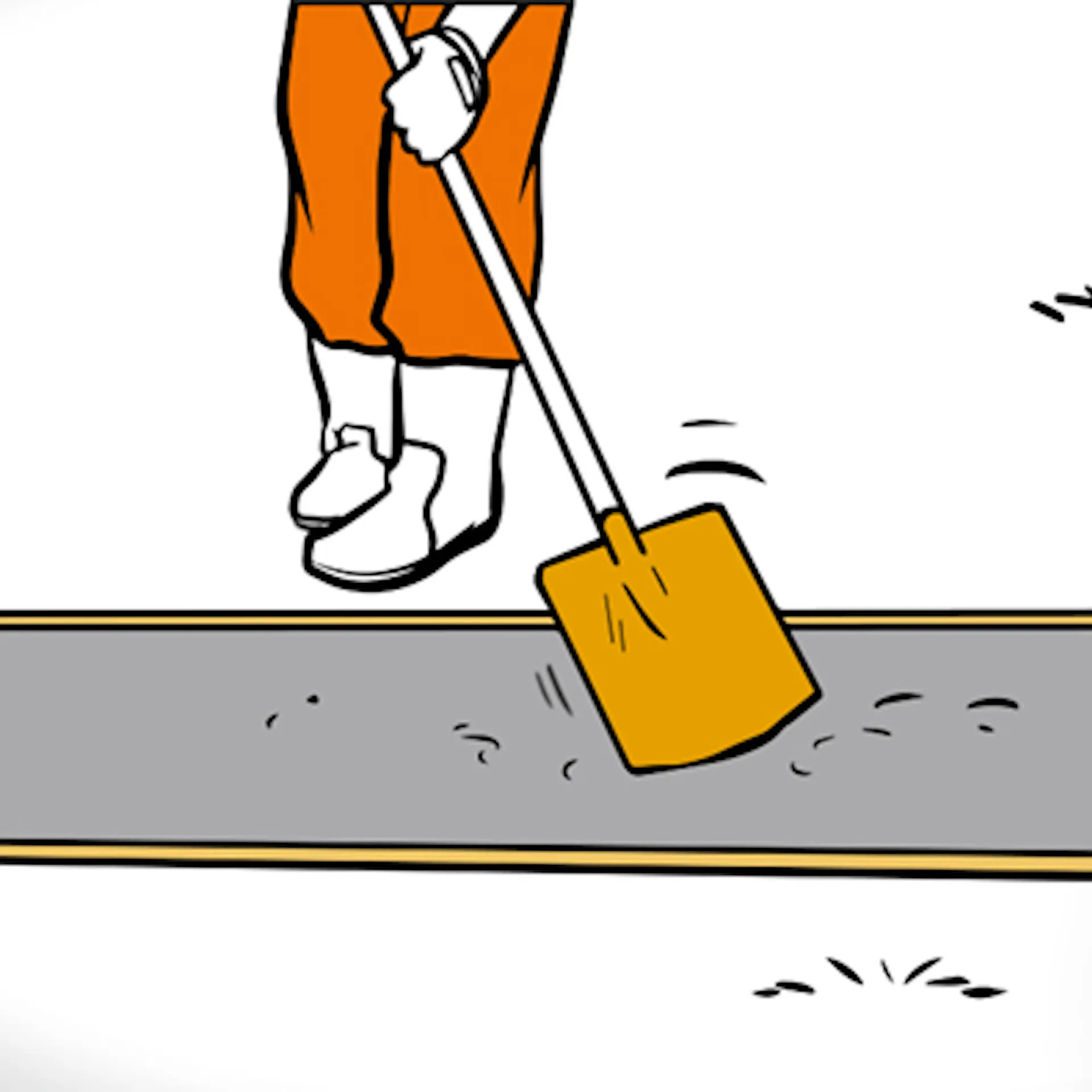Heimwerker verdichtet Beton in Fundamentgrube mit einem Spaten.