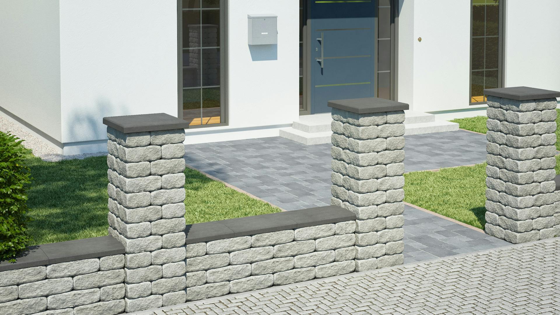 Mauer mit Abdeckung vor der Haustür.