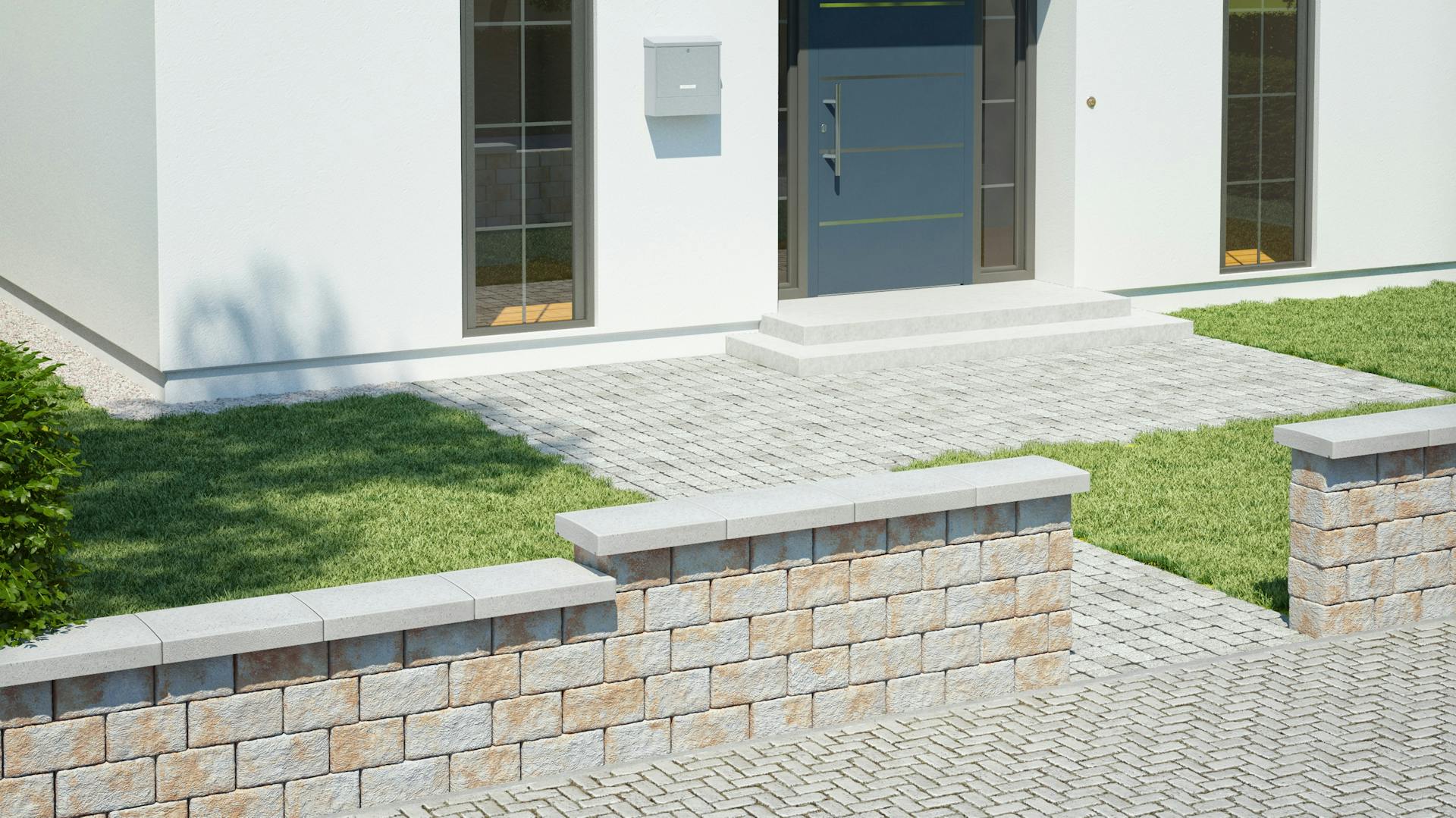 Vorgartenmauer mit Flachdach aus Beton.