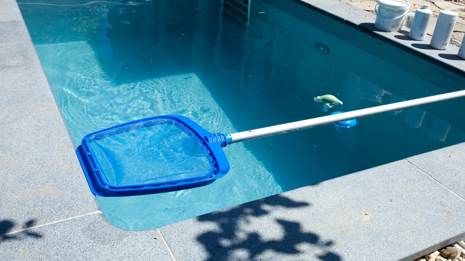 Il guadino galleggia sulla superficie dell’acqua di una piscina interrata.
