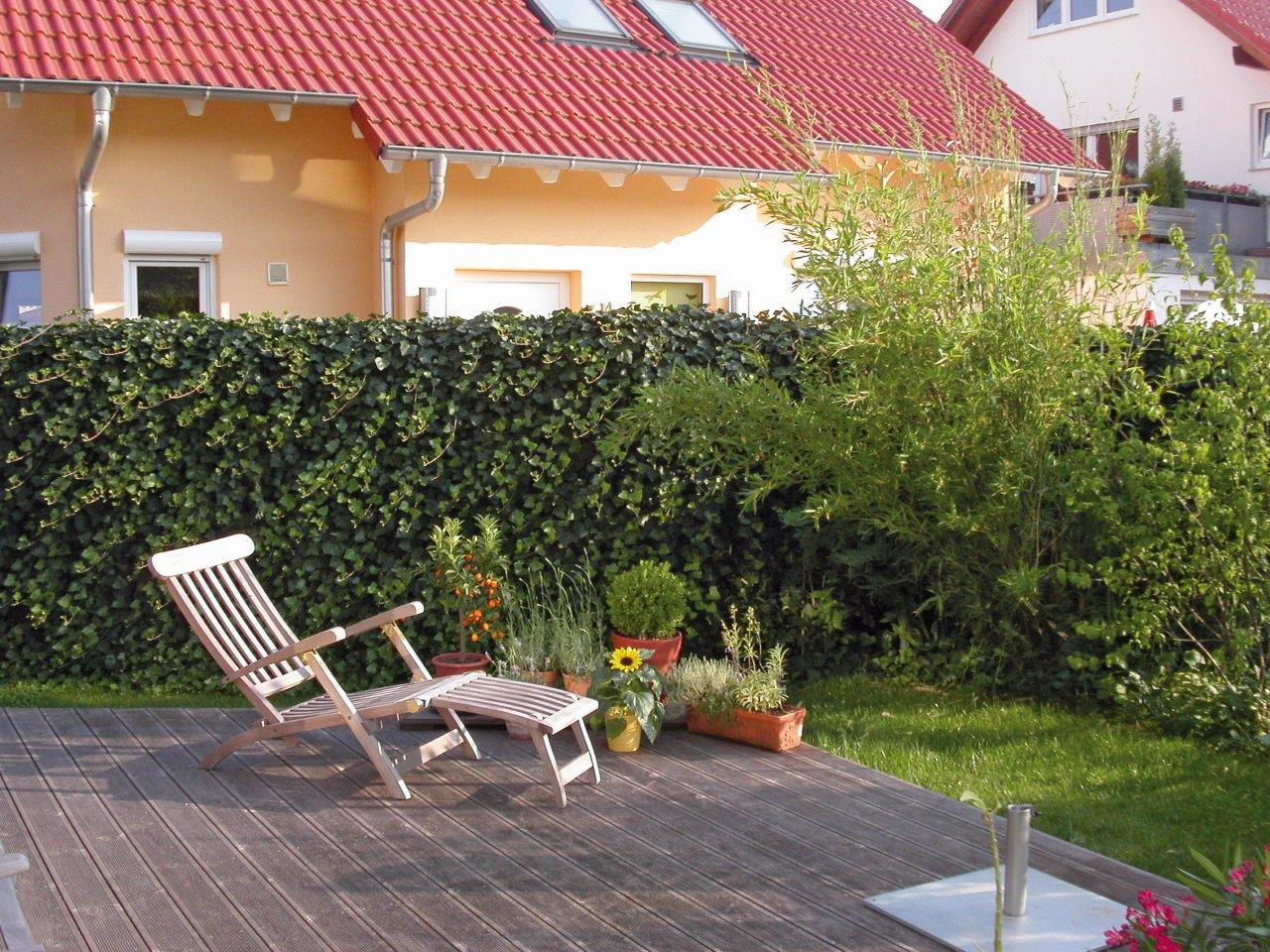 Sonnenliege auf Terrasse im Garten neben Efeuhecke.