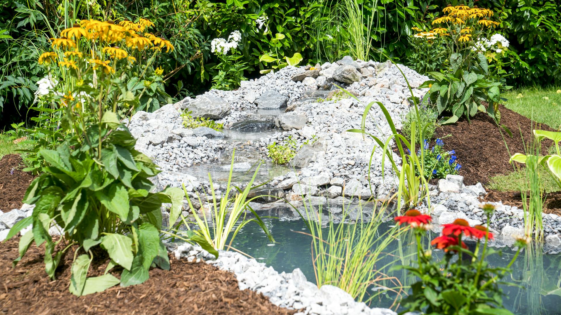 Garten mit bepflanztem Bachlauf, der in einen Teich führt.