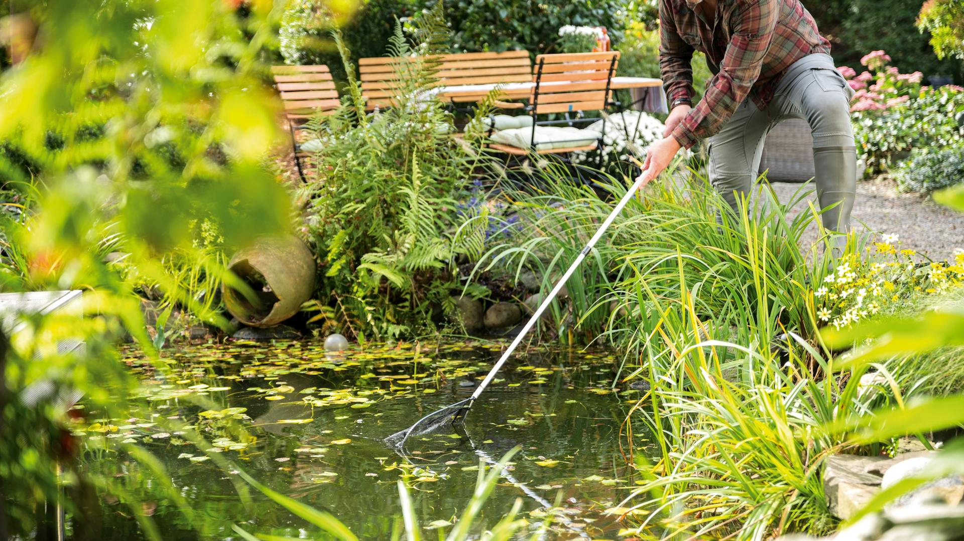 Ein mann reinigt einen Teich mit einem Kescher.