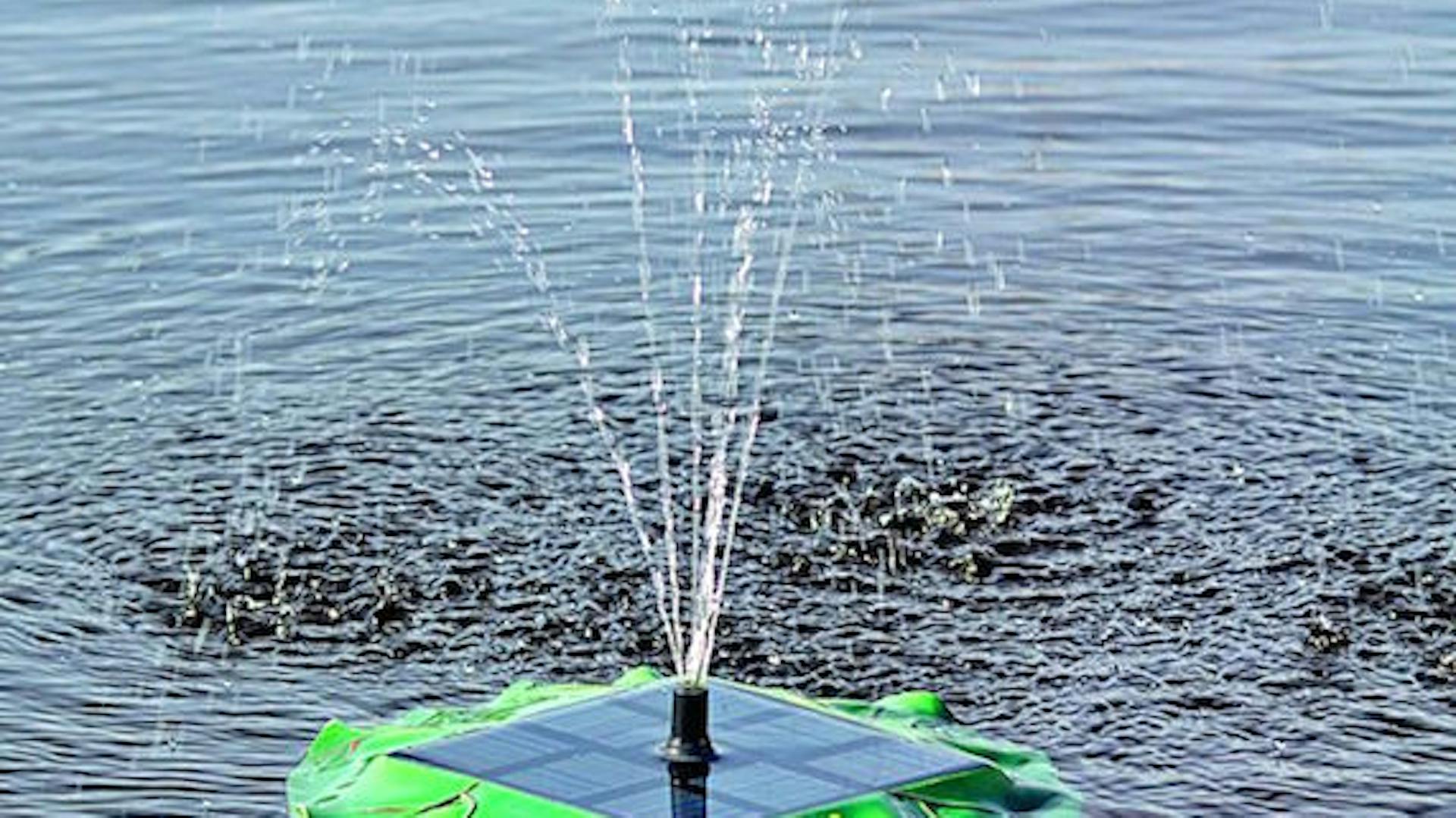 Ein solarbetriebenes Wasserspiel versprüht eine Fontäne.