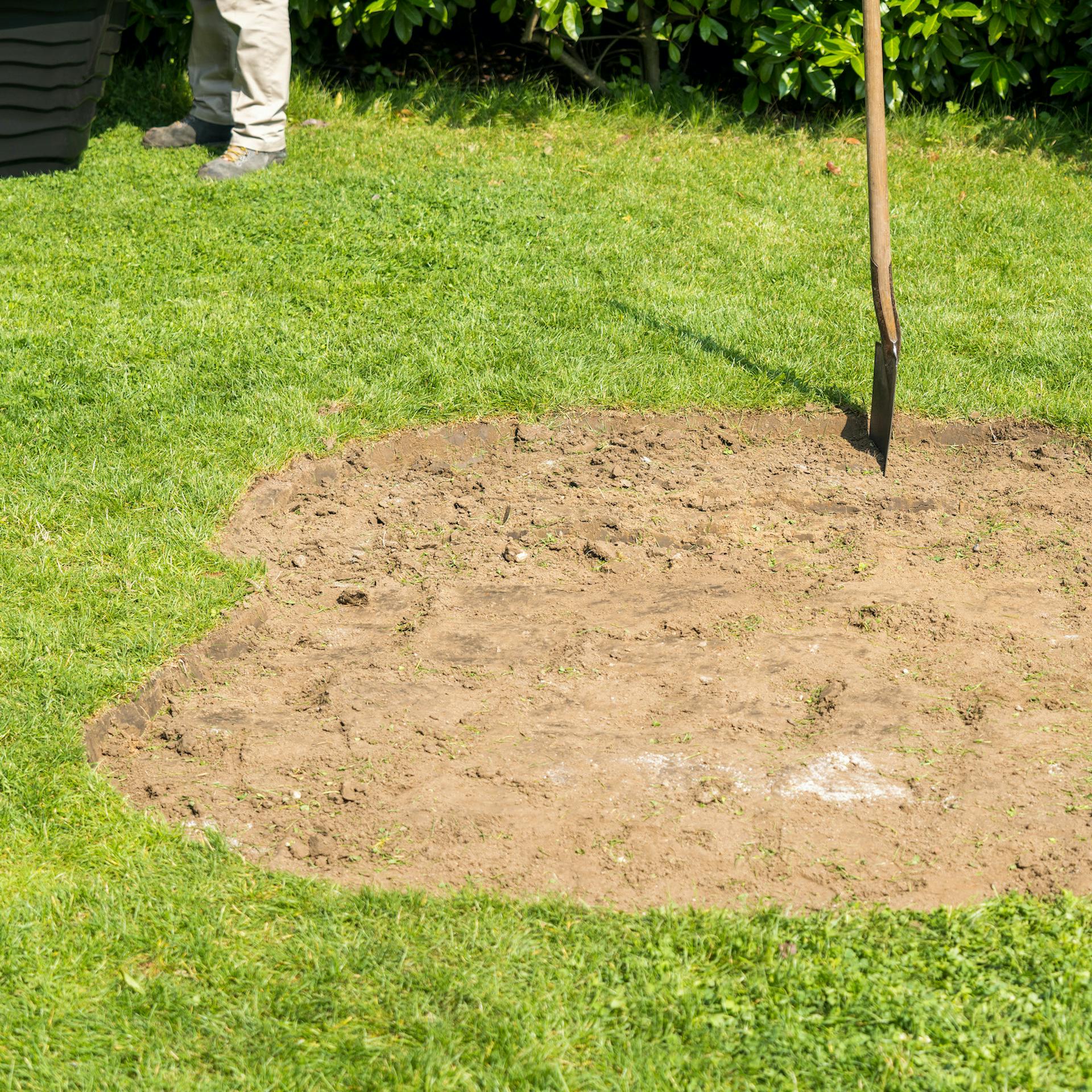 Die Grasnarbe wurde in Form des Teichbeckens entfernt.