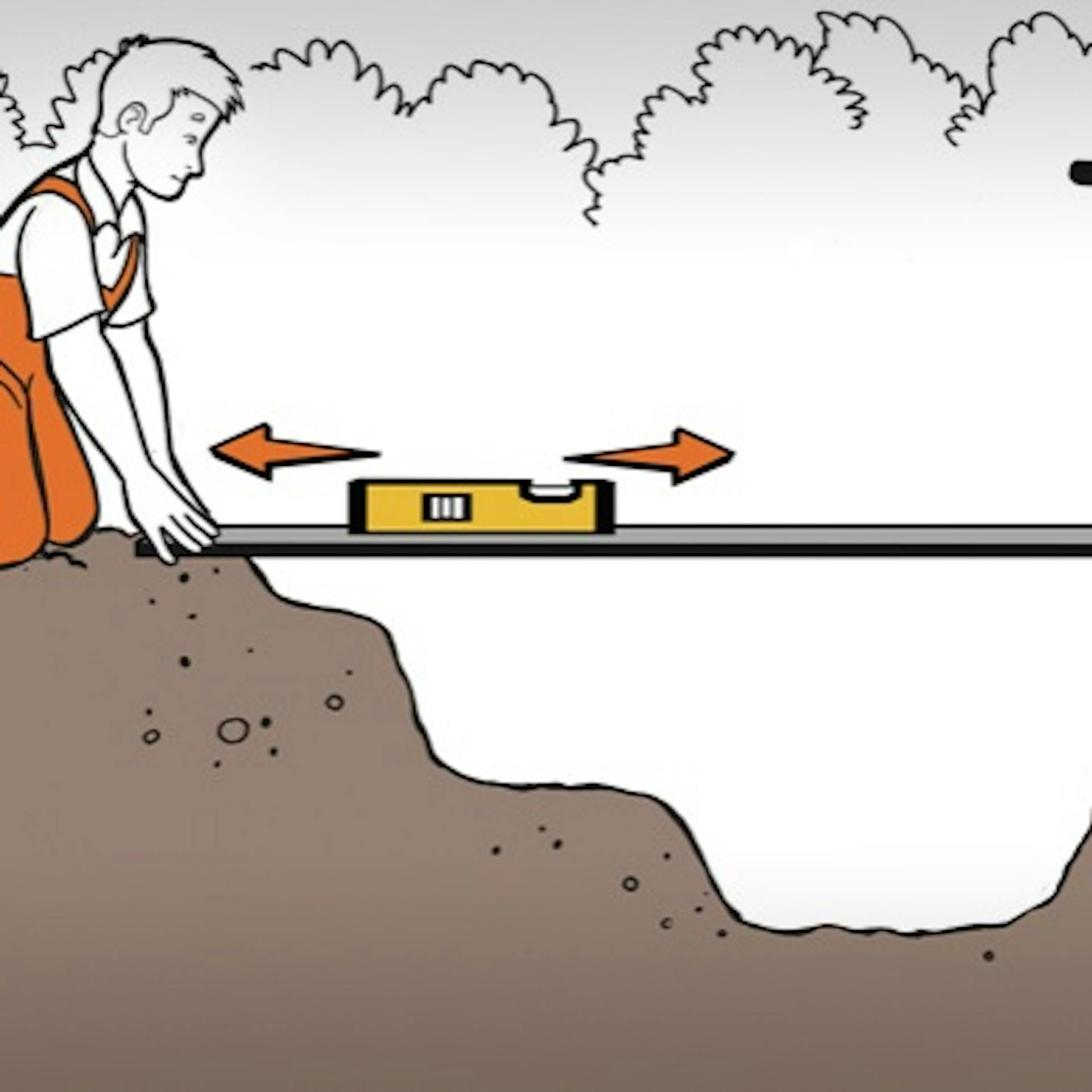 Un uomo controlla con una livella a bolla la buca scavata per una piscina per cani