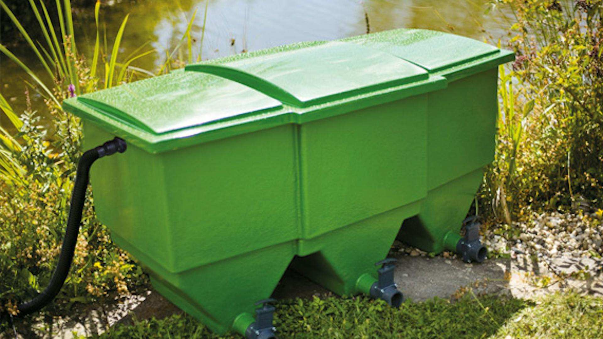Teichfilteranlage in grün steht am Teich mit Uferbepflanzung.