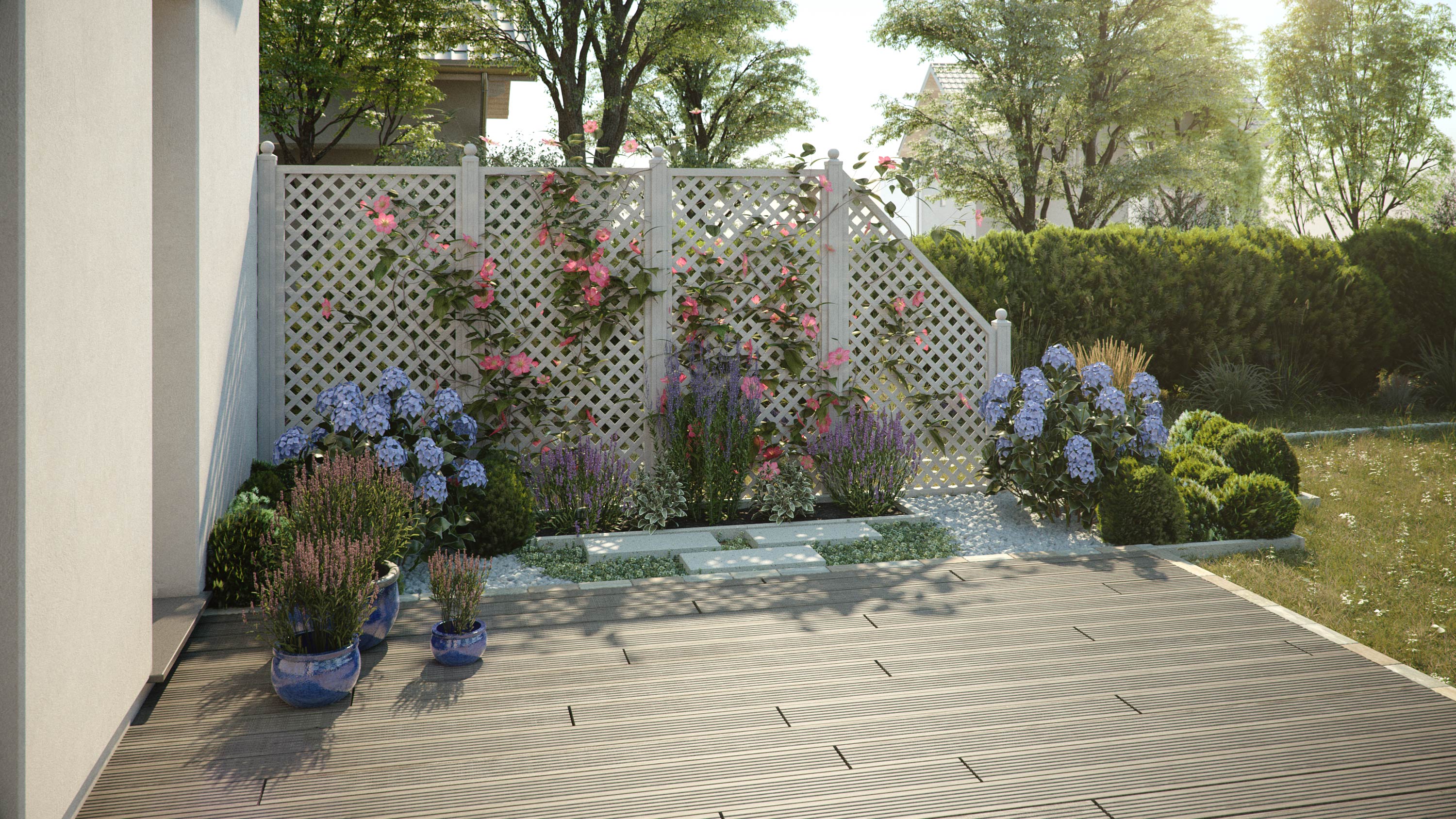 Sichtschutzzaun mit Blumen verschönert