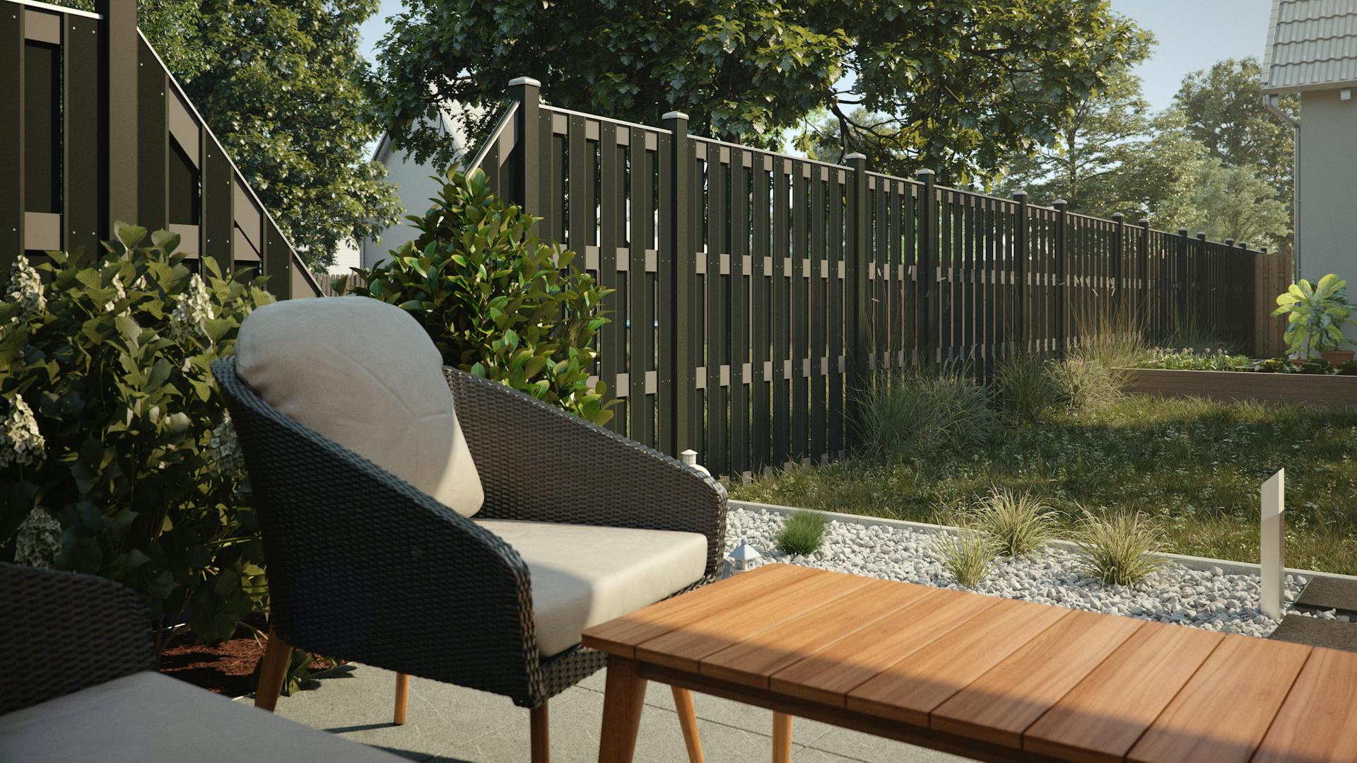 Ülőhely egy teraszon WPC belátásgátlóval