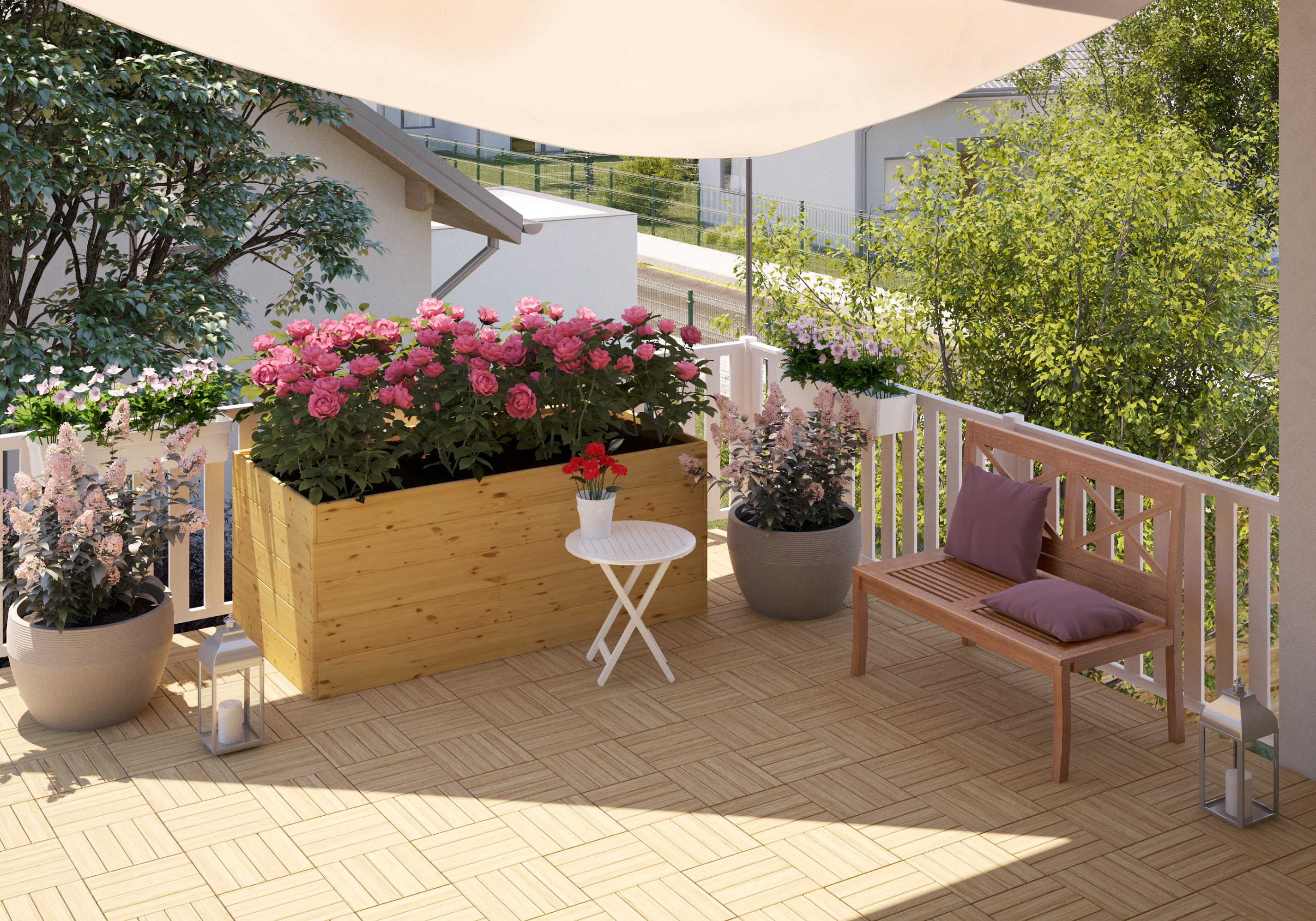 Balkon mit Hochbeet und Sonnensegel