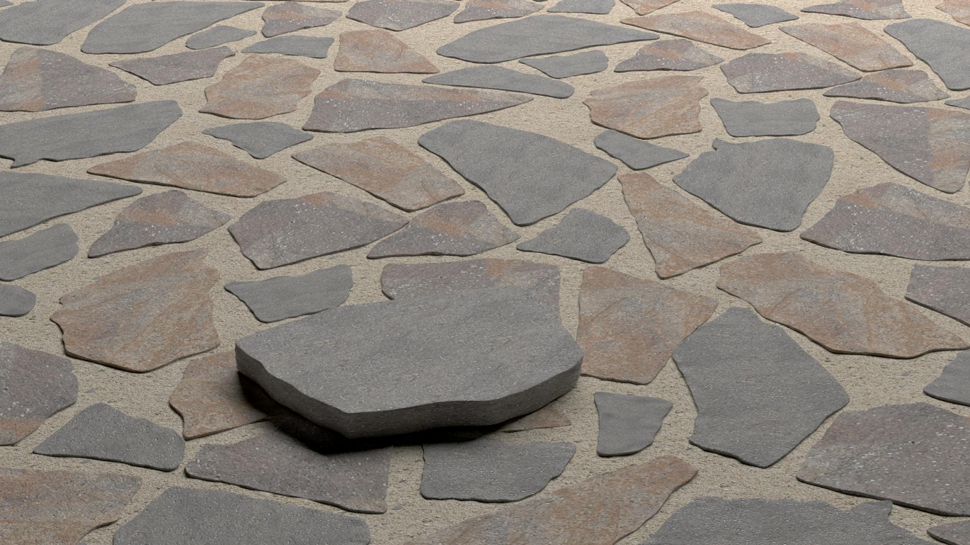 Sentiero in pietra naturale con pietre marroni e grigie.