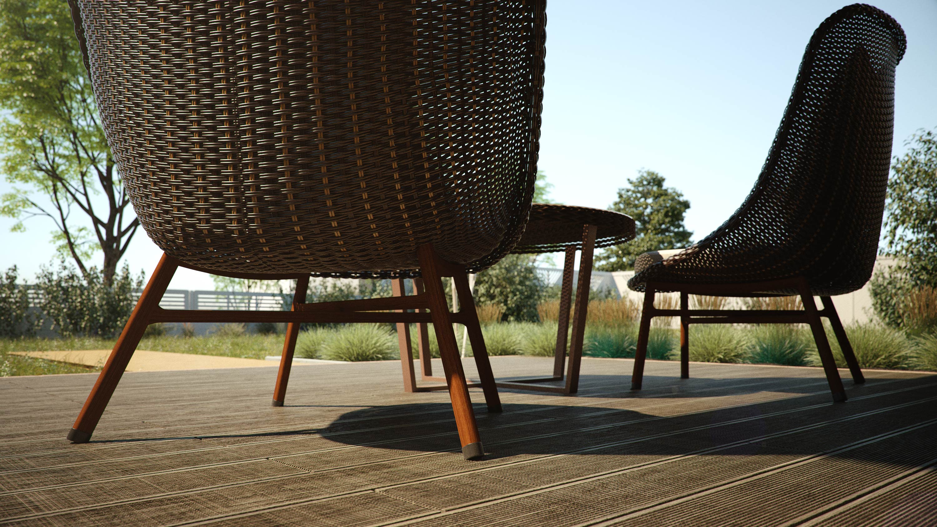 Terrasse mit Holzdielen als Belag.