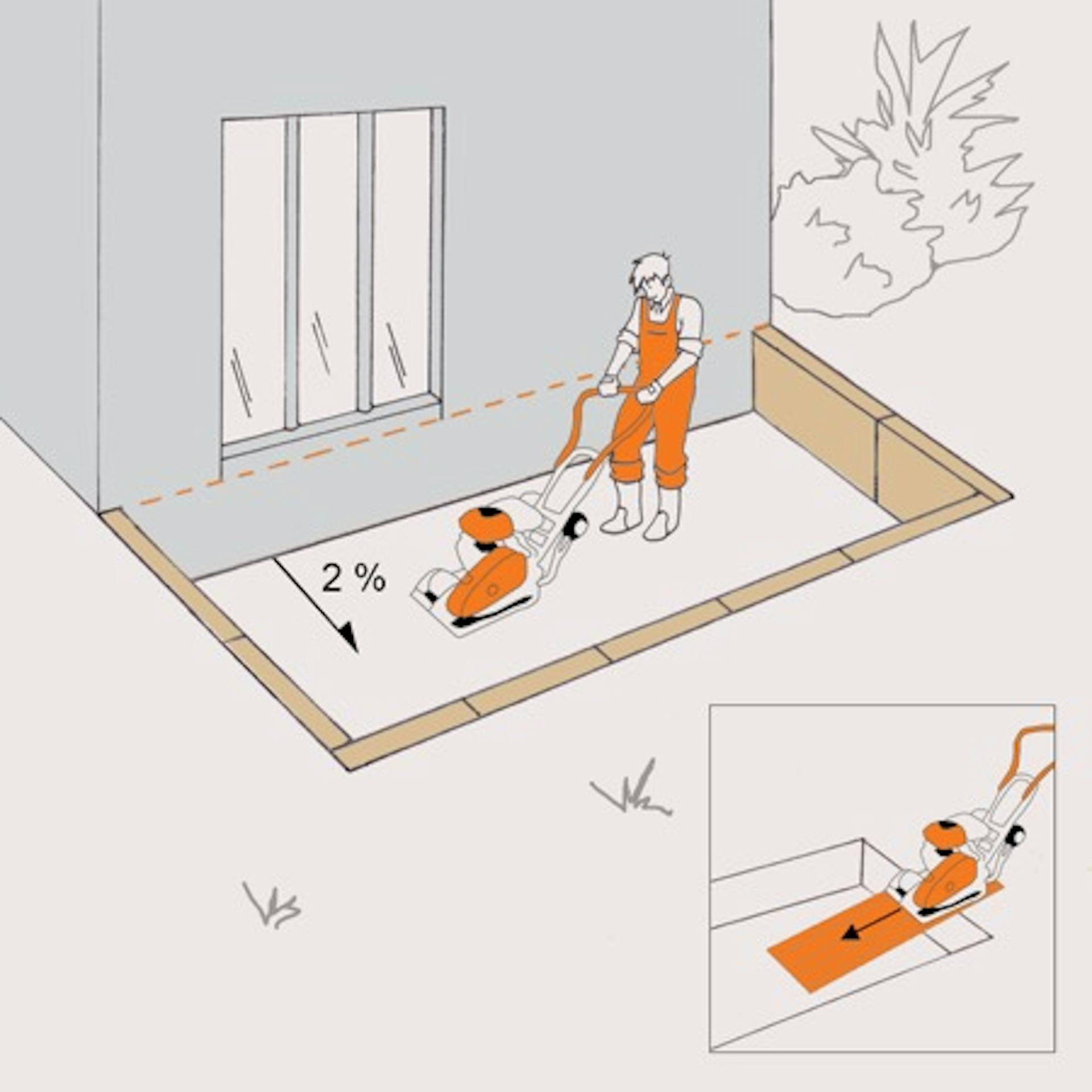 Skizze von einem Heimwerker, der den Untergrund mit einer Rüttelplatte verdichtet.