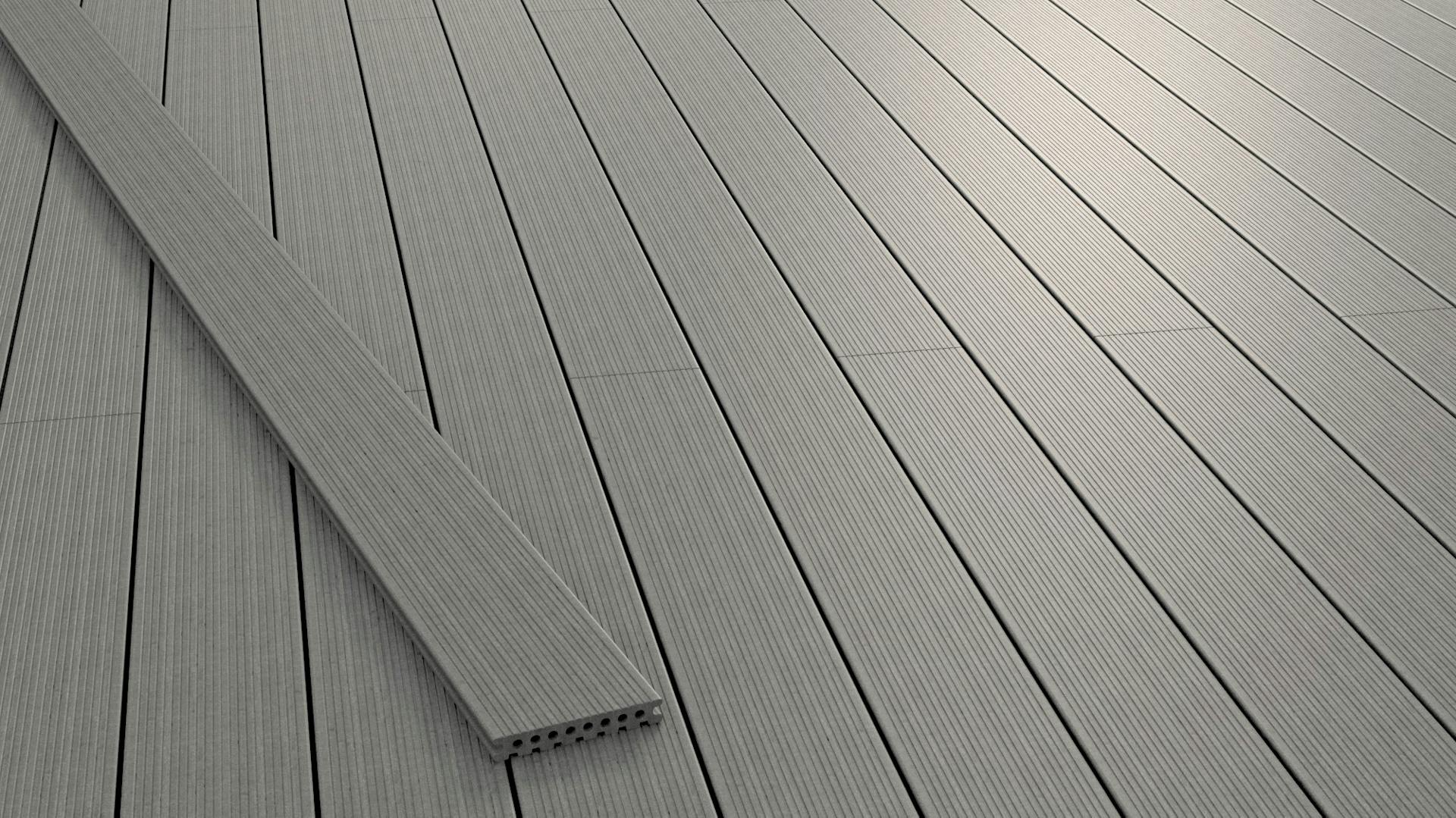 Detailansicht grauer WPC-Hohlkammer-Terrassendielen