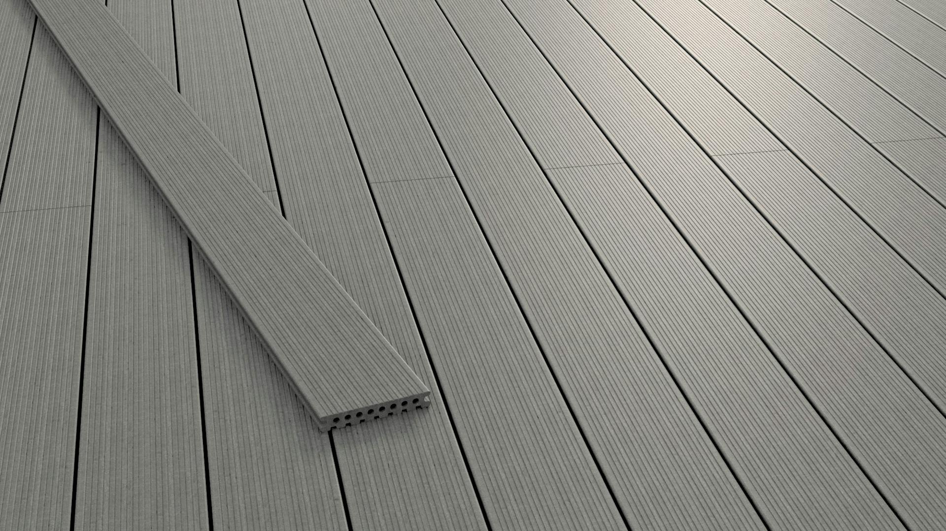 Detailansicht grauer WPC-Hohlkammer-Terrassendielen