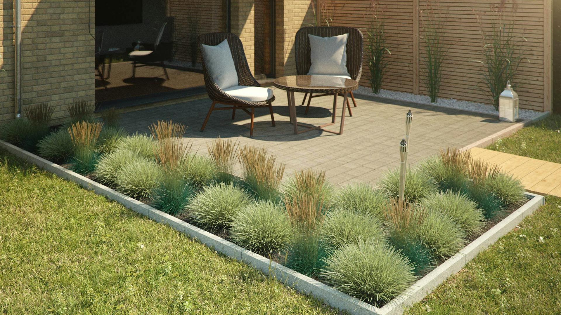 Una terrazza contemporanea in stile nordico con mobili da giardino e erbette