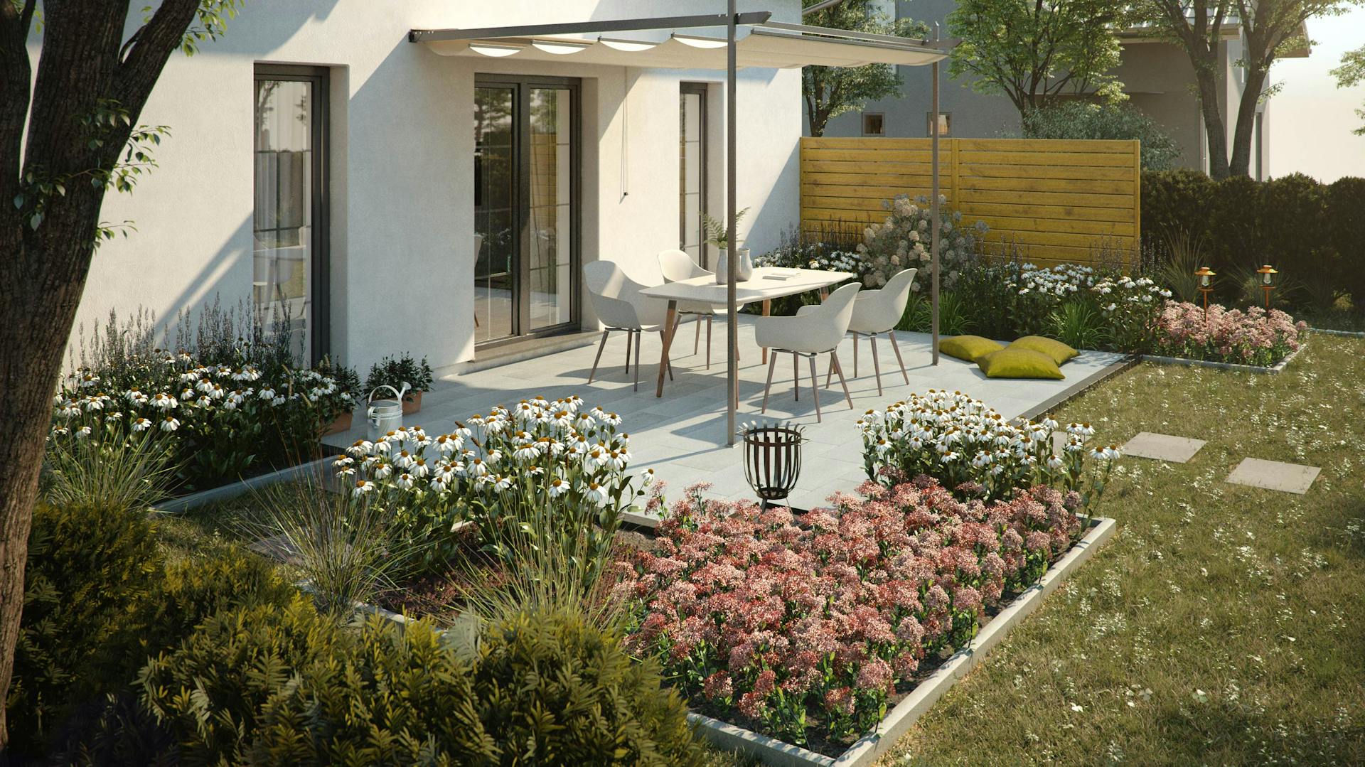 Terrazza con pavimento in lastre in pietra grigio chiaro, set di mobili da giardino composto da tavolo e quattro sedie coperte da una tenda pieghevole.