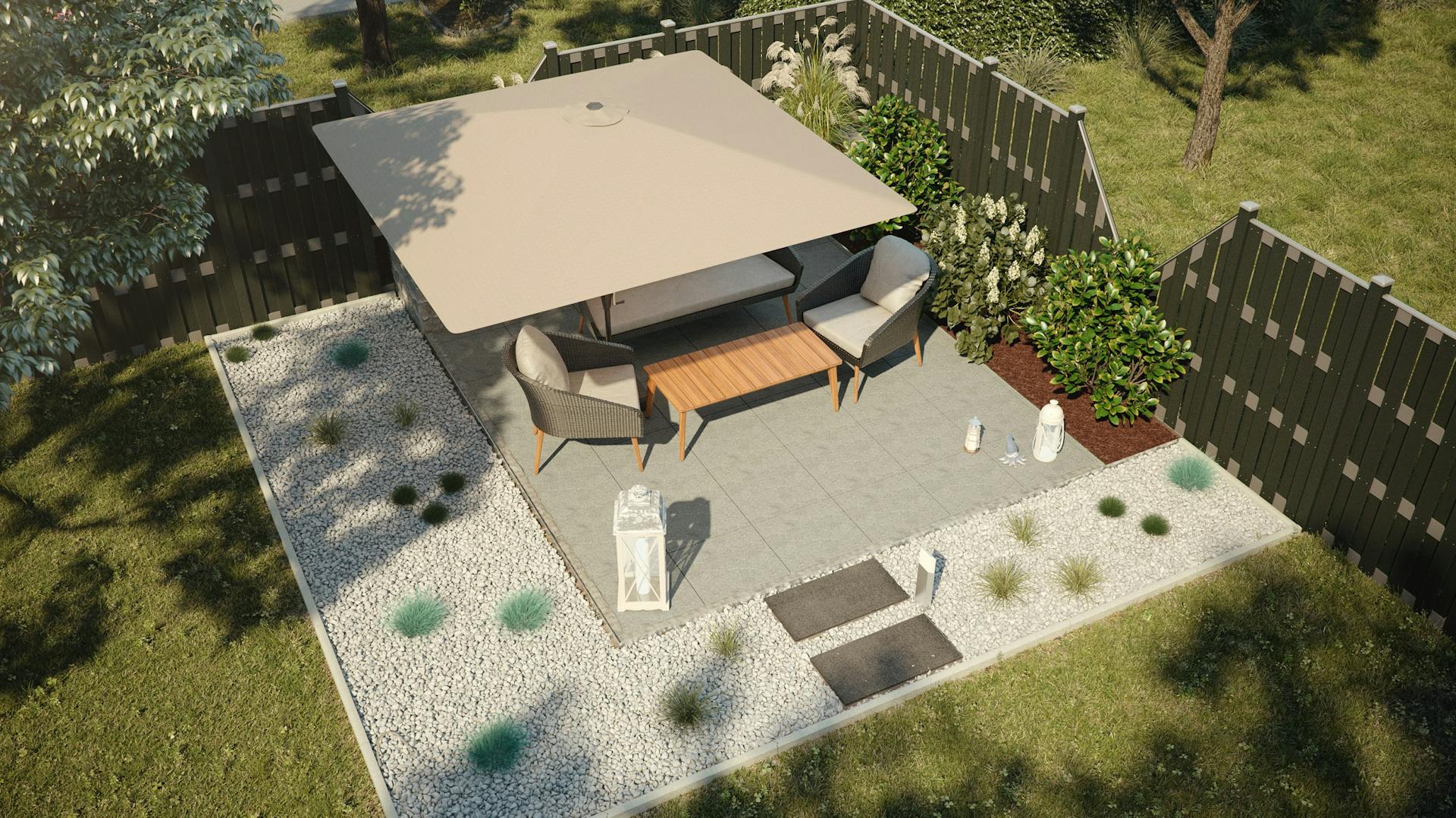 Terrasse mit Feinsteinzeug und Gartenmoebeln unter Sonnenschirm