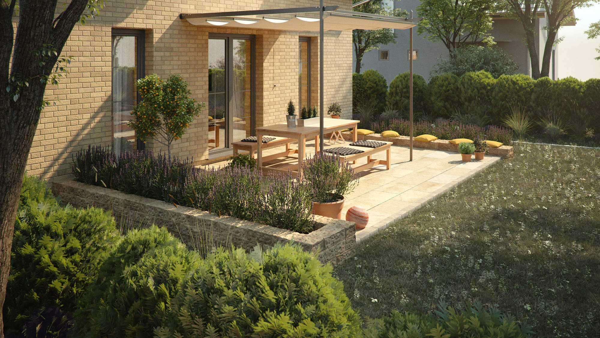 Eine überdachte Terrasse, mit Seilspannmarkise.