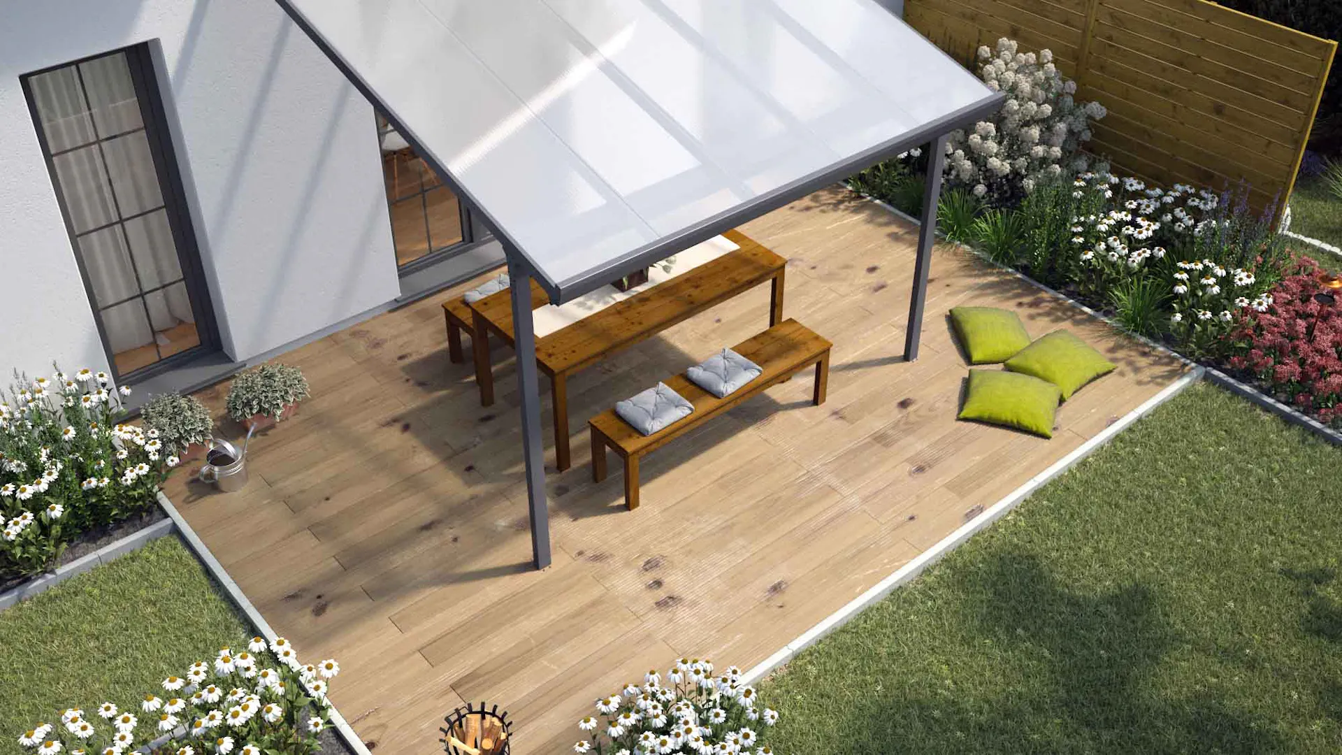 Terrasse mit Sitzbank und Tisch und Terrassenüberdachung