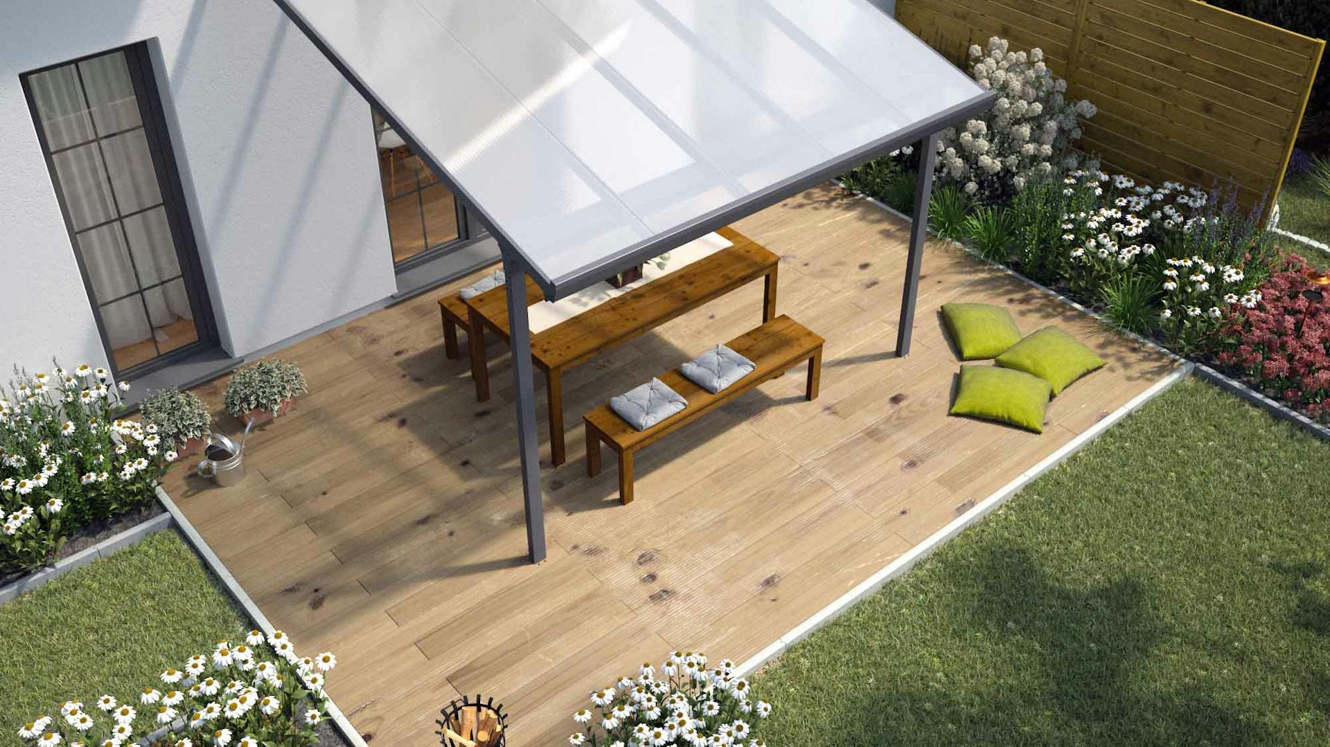 Terrasse mit Sitzbank und Tisch und Terrassenüberdachung