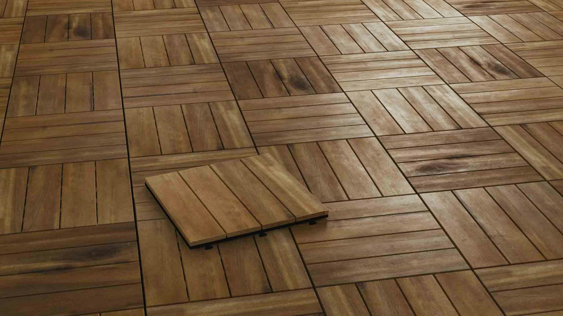 Vista dettagliata di una piastrella a clic in legno di acacia