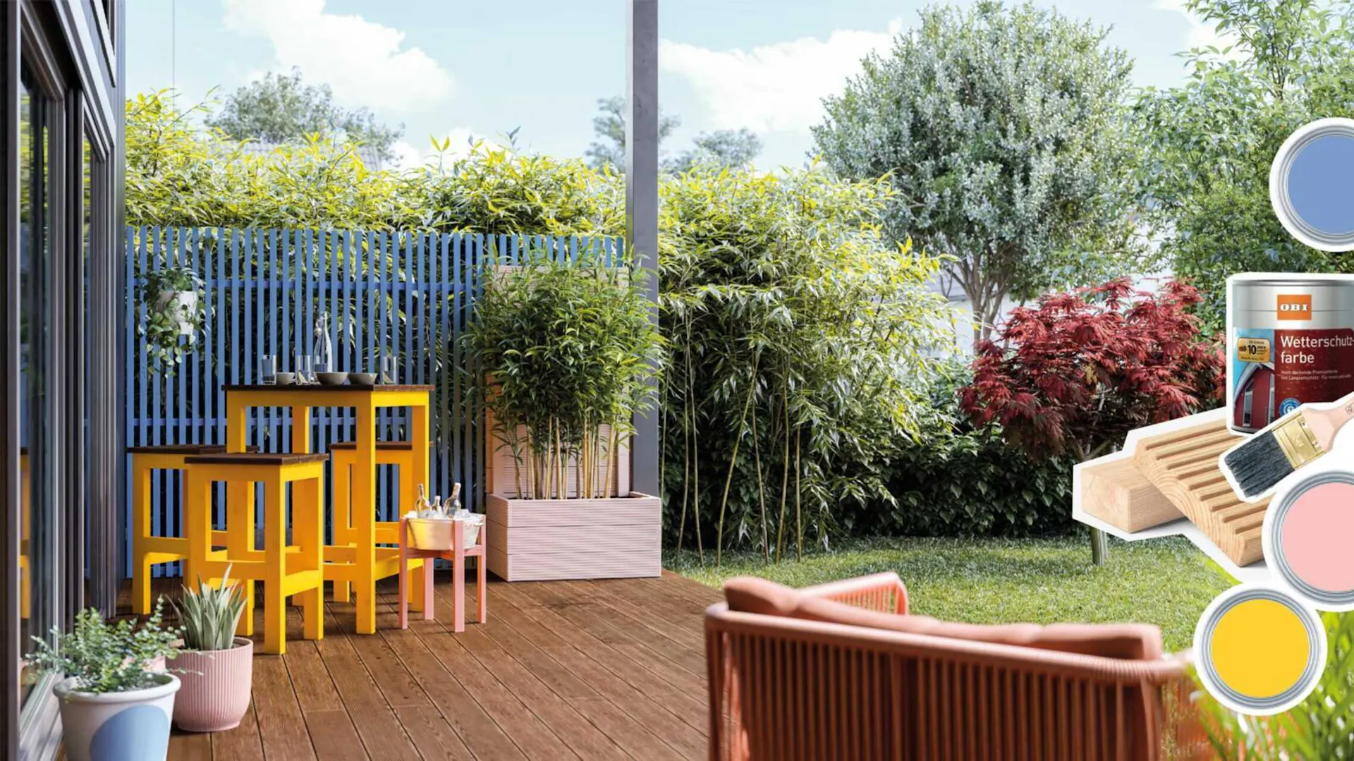 Sitzgruppe Ede für den Außenbereich steht links von Hochbeet Alfred vor einer blauen Sichtschutzwand auf einer Terrasse.