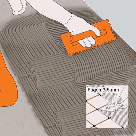 La colla per piastrelle viene applicata a pettine con una cazzuola dentata.