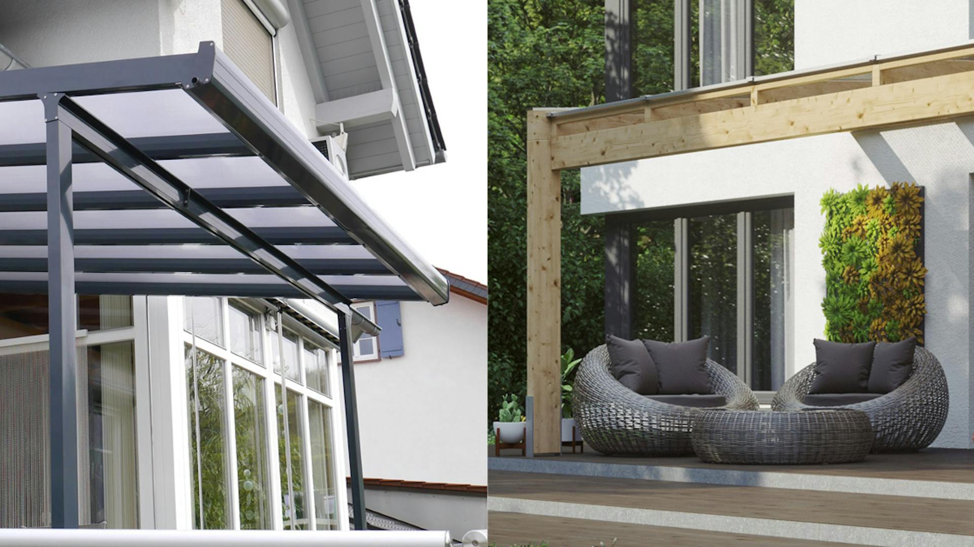 Tetto per terrazza in alluminio color antracite e tetto per terrazza in legno senza verniciatura colorata a confronto