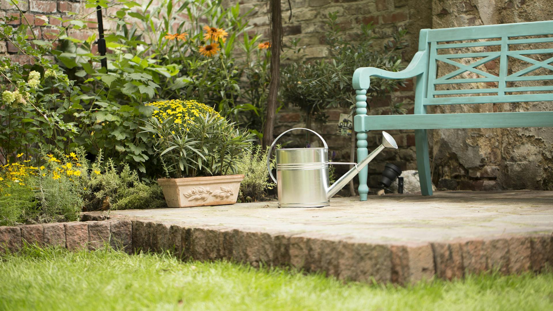 Ein Sitzplatz mit einer Gartenbank vor einem Beet mit Kübelpflanze und Gießkanne