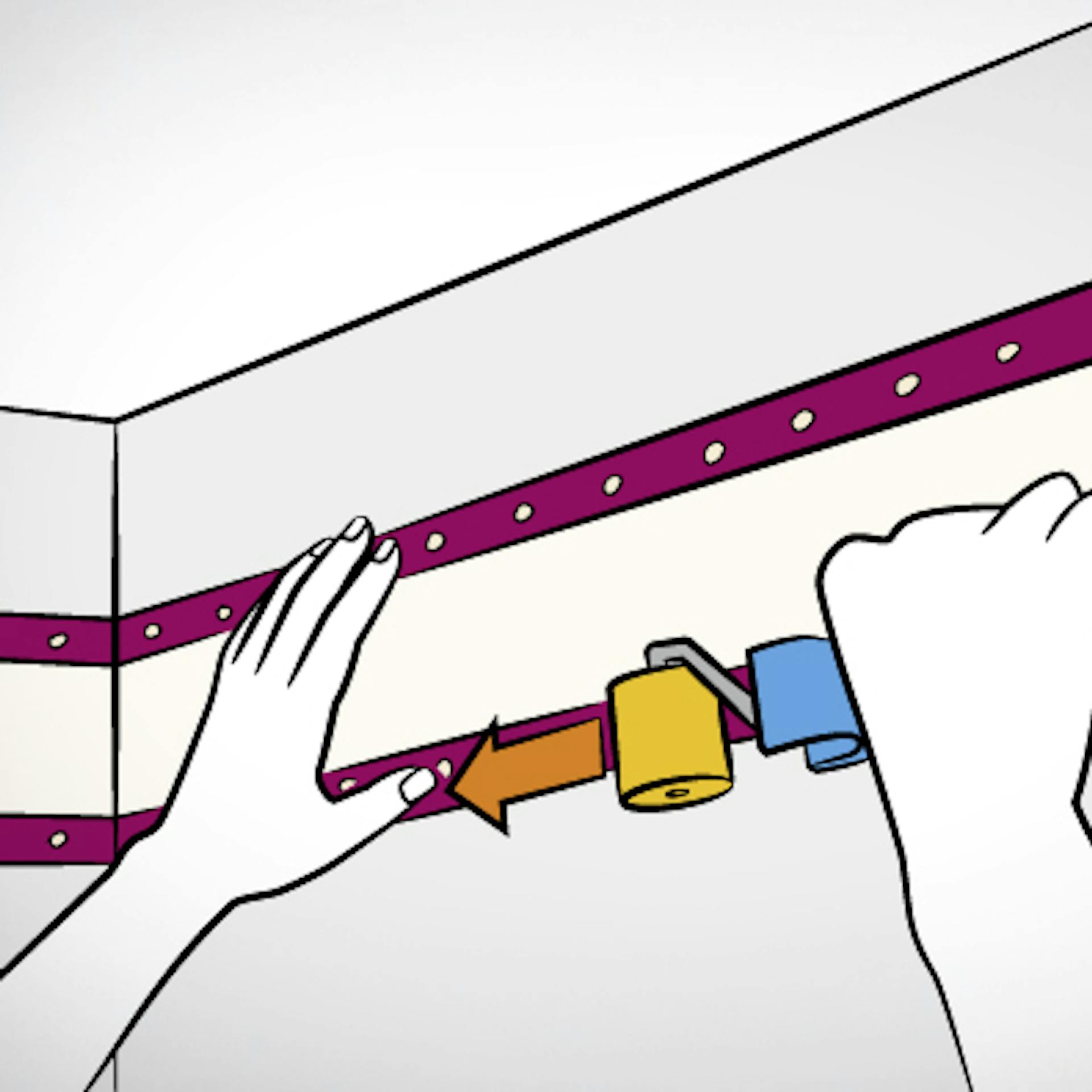 Person streicht Tapetenbordüre an Wand mit Moosgummirolle fest.