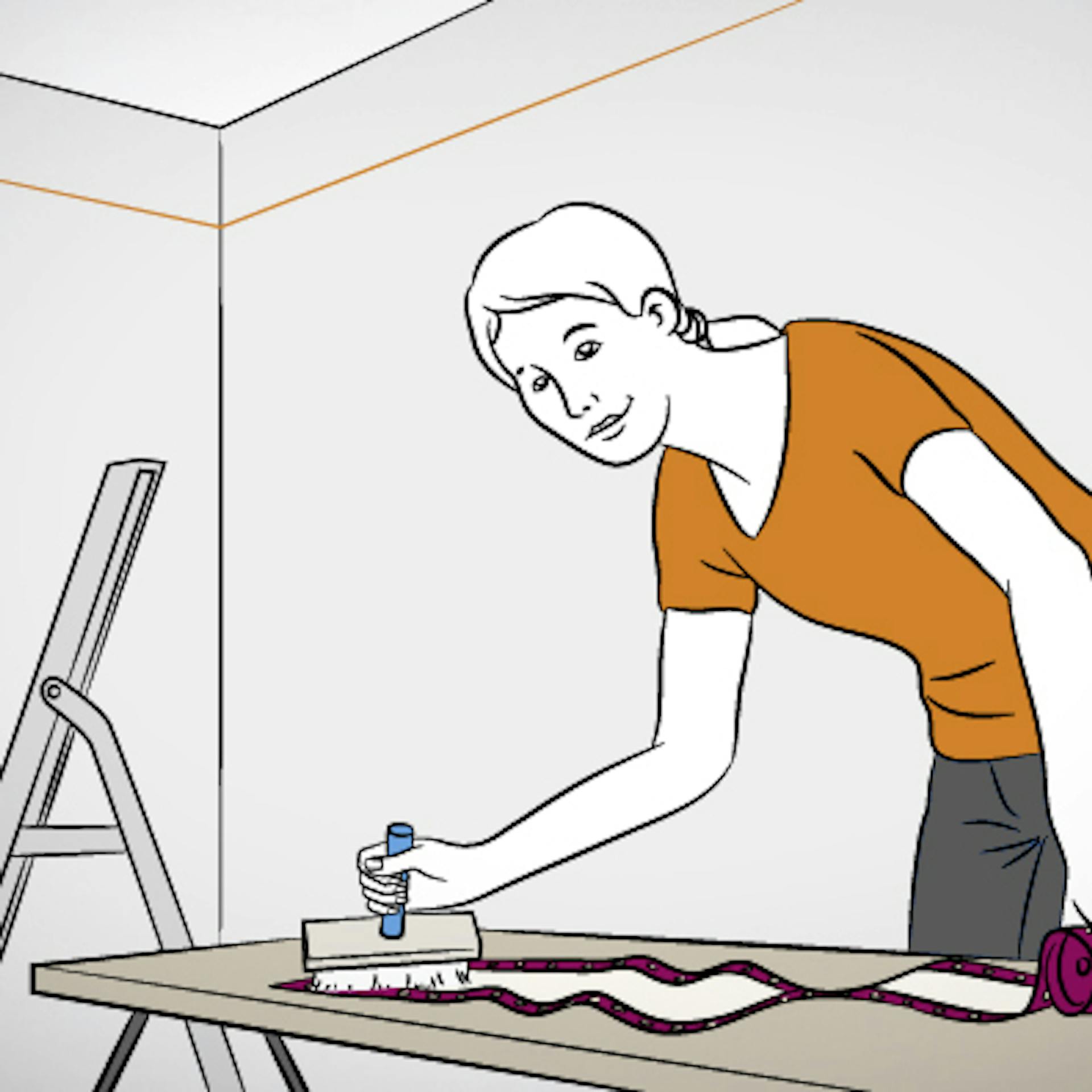 Heimwerkerin kleistert Tapetenbordüre mit Kleber und Pinsel auf Tapeziertisch ein.