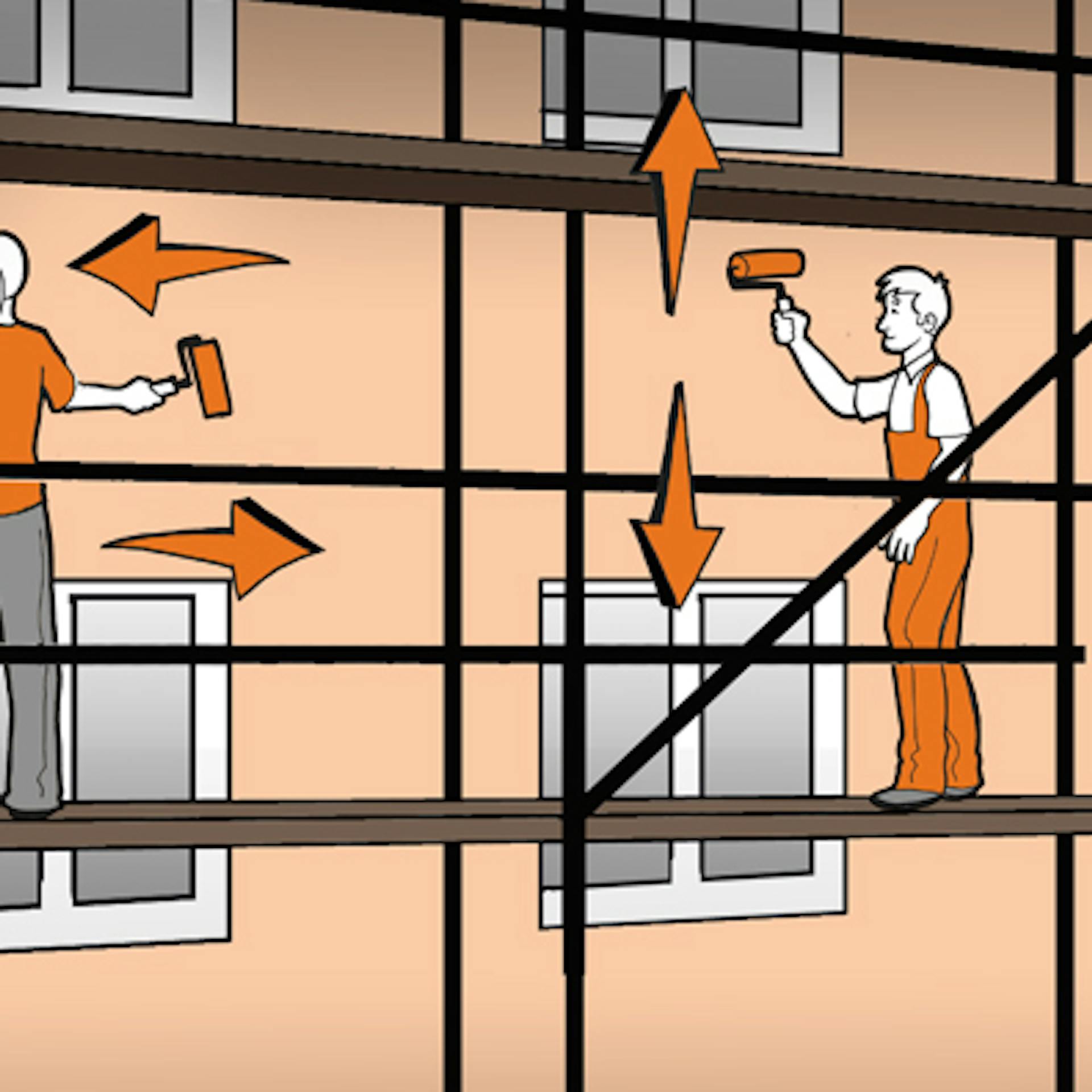 Appassionati del fai da te stanno sulla struttura per pittura e tinteggiano la parete esterna con una pittura per facciate. La direzione di scatto sopra l’incrocio è spiegata da frecce.