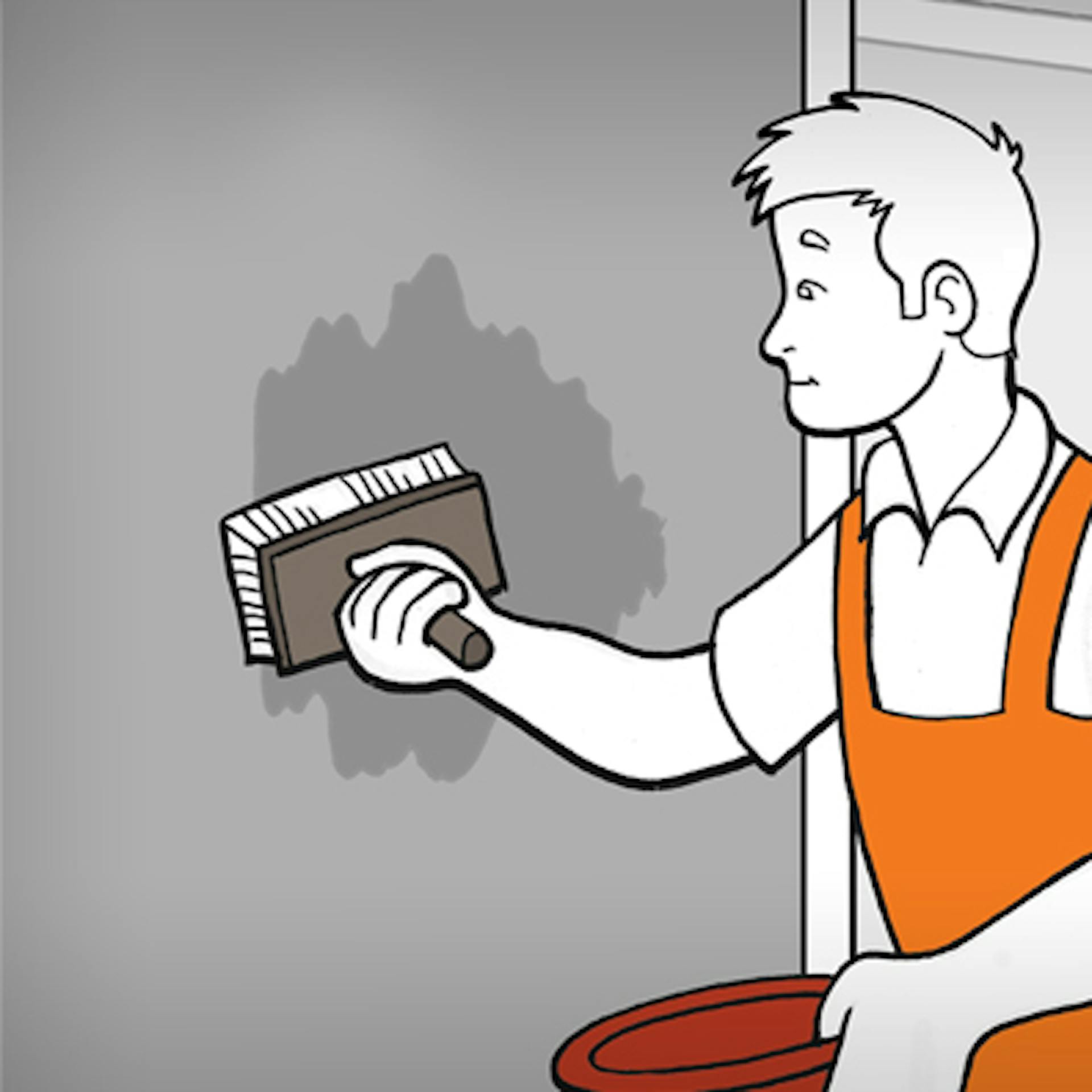 Un appassionato del fai da te applica il fondo sulla facciata con una nappa e un secchio prima della verniciatura.