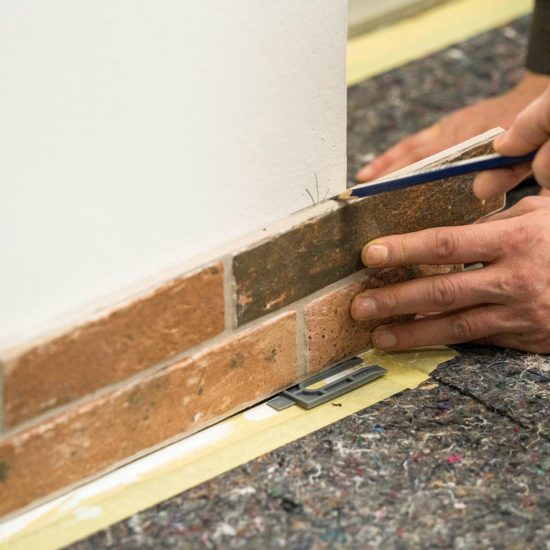 Heimwerker zeichnet Anlegelinie an die Wand.