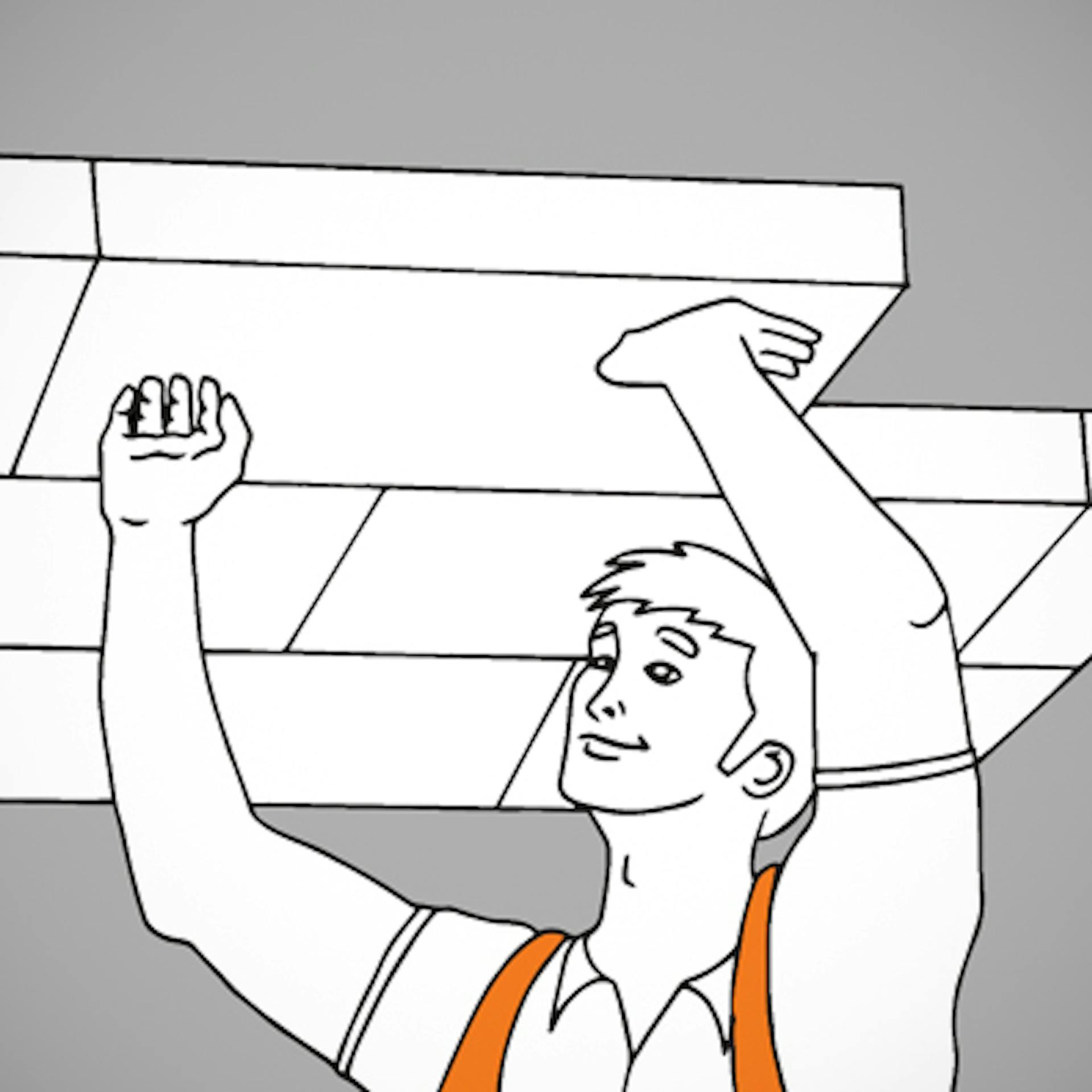 Heimwerker drückt Dämmplatte an Garagendecke.