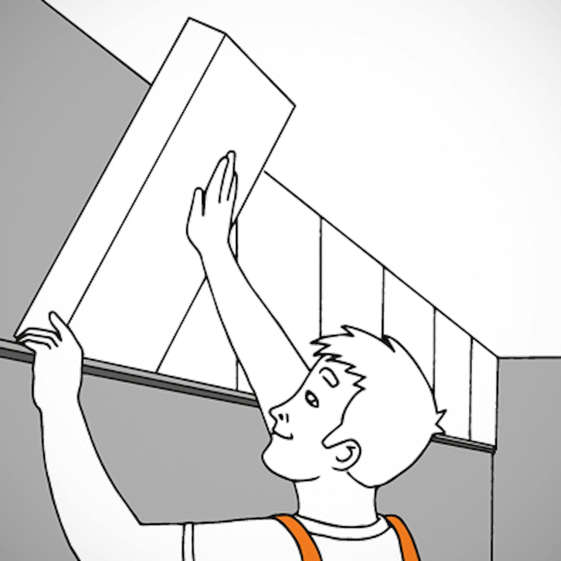 Heimwerker zieht Dämmplatten an Seitenwänden bis unter die Decke der Garage.