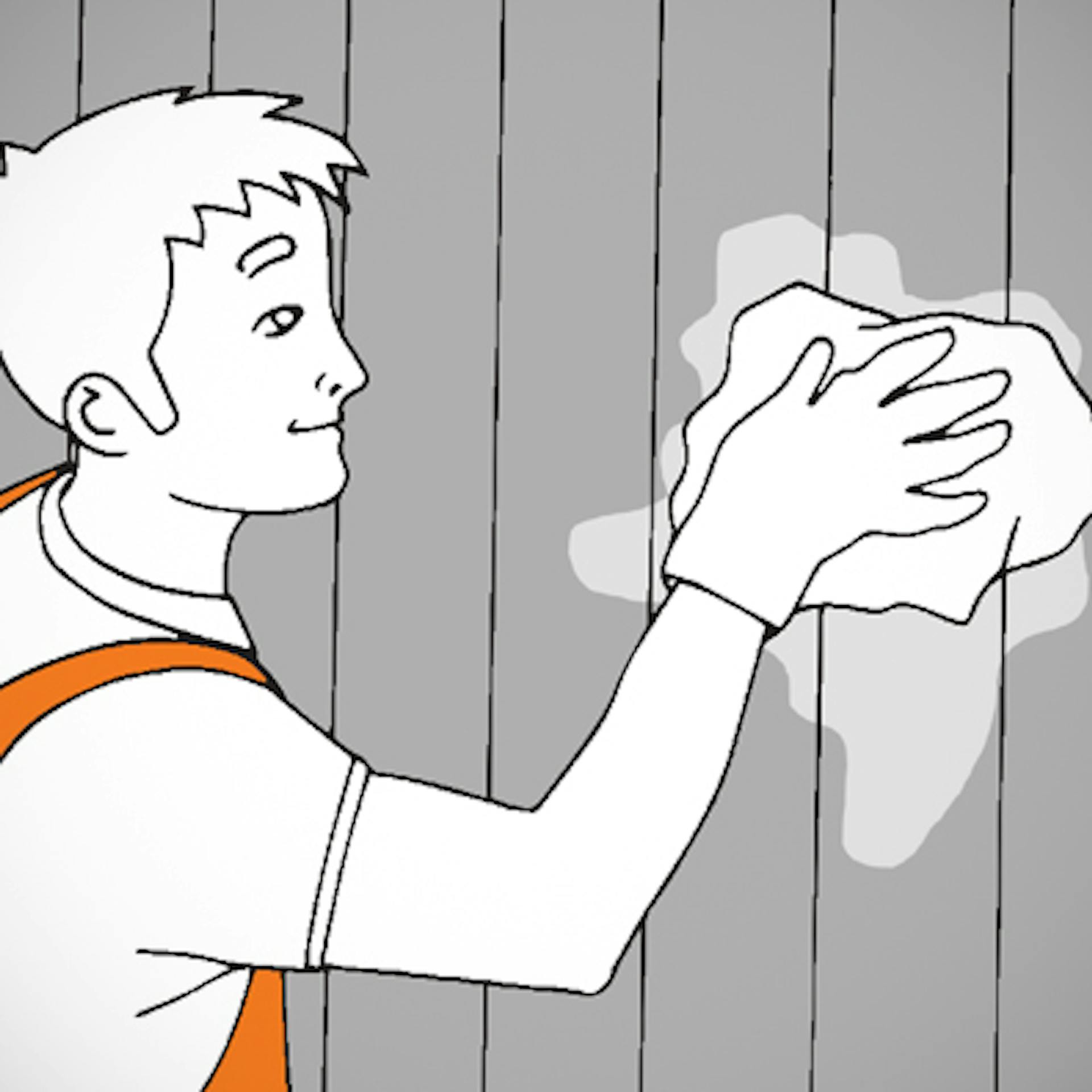 Heimwerker reinigt Garagentor mit Lappen.