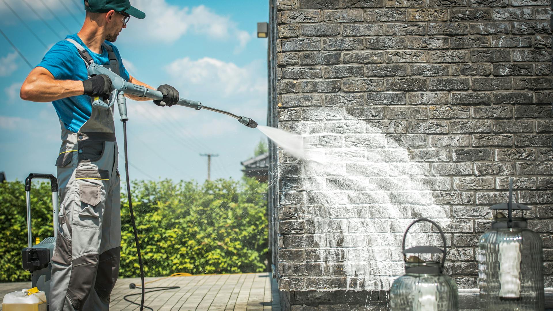 Mann reinigt Klinker mit dem Hochdruckreiniger