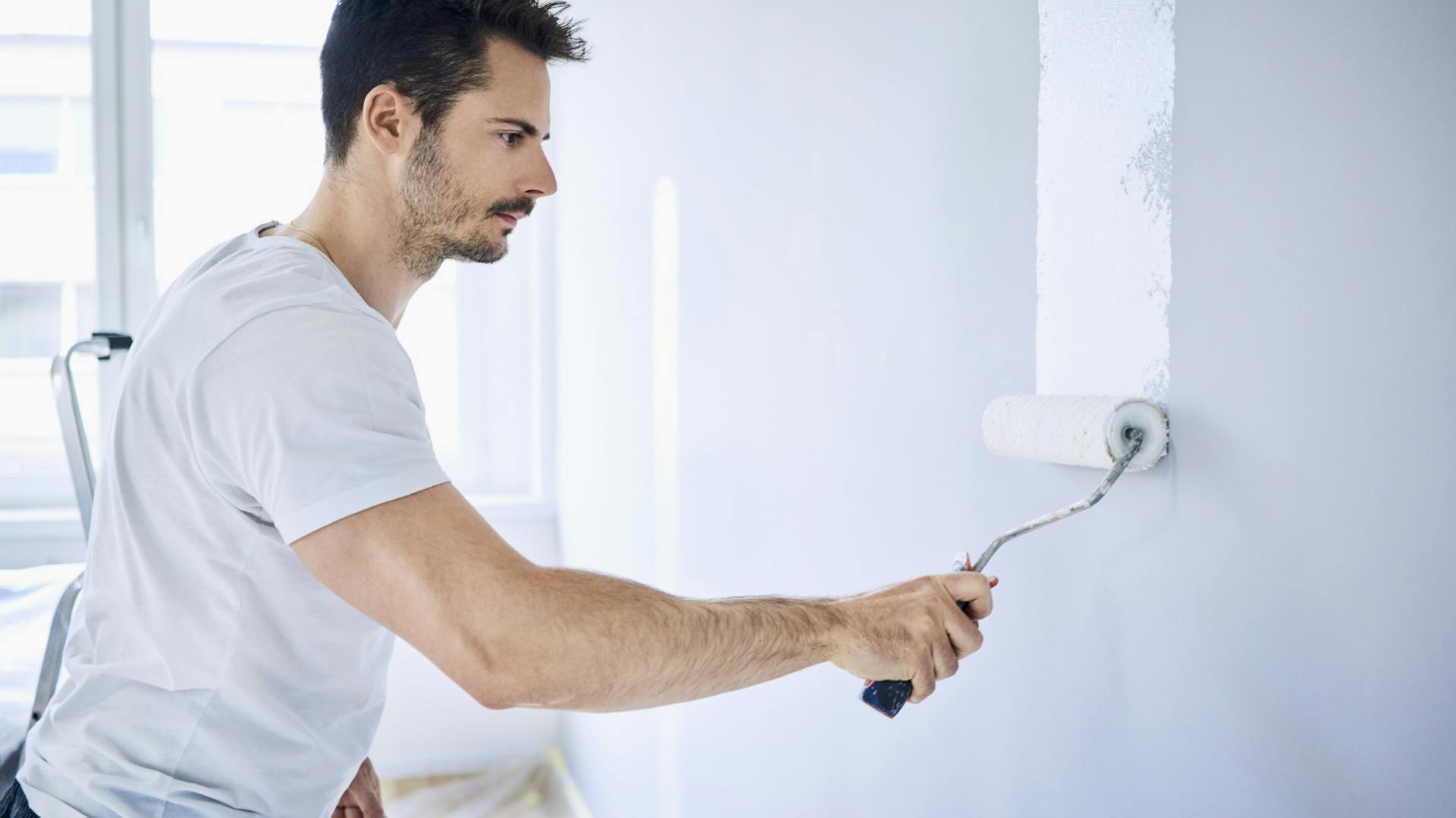 Person streicht Wand mit Latexfarbe und Farbroller.