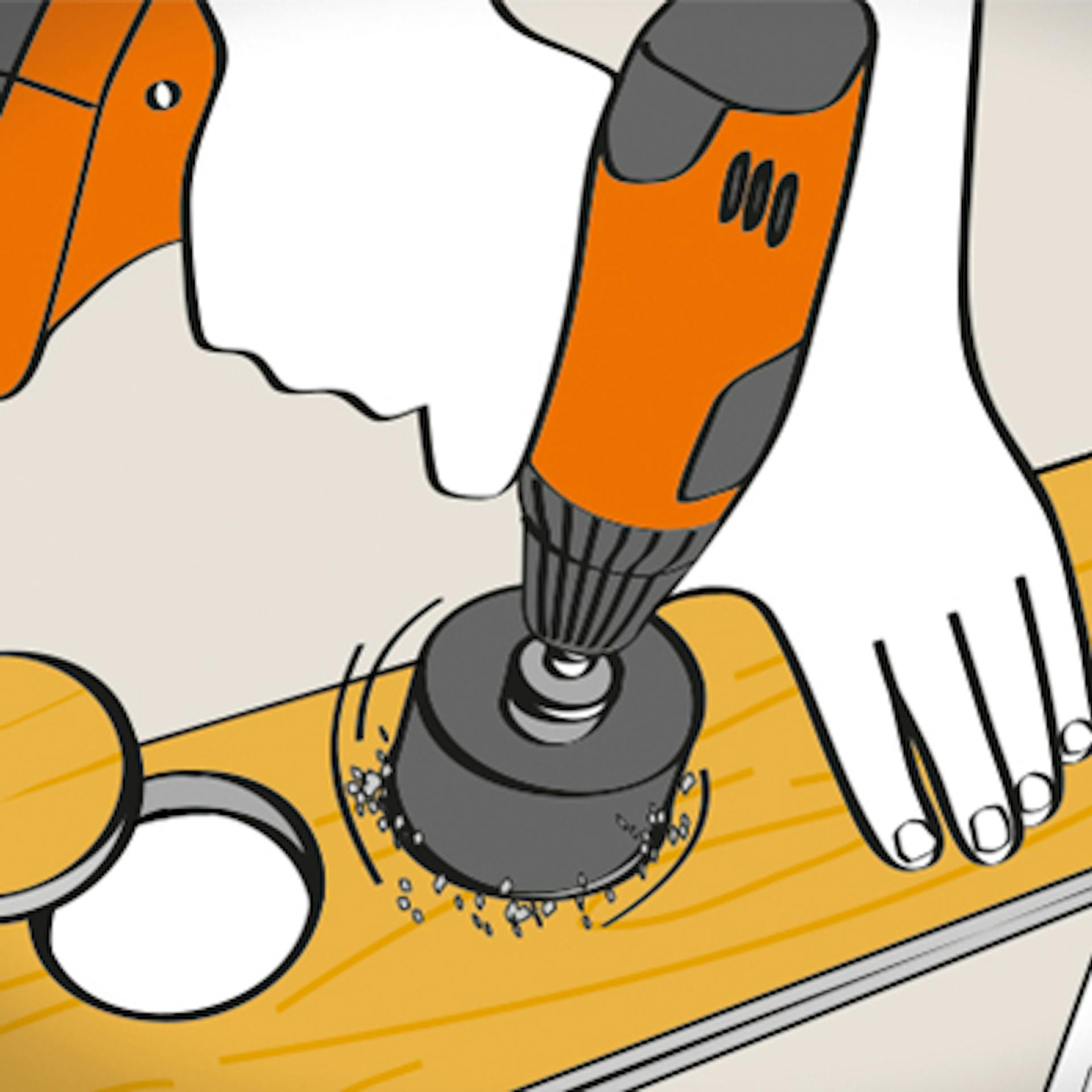 Mit einer Lochsäge werden Öffnungen für Steckdosen und Lichtschalter in die Paneele gesägt.