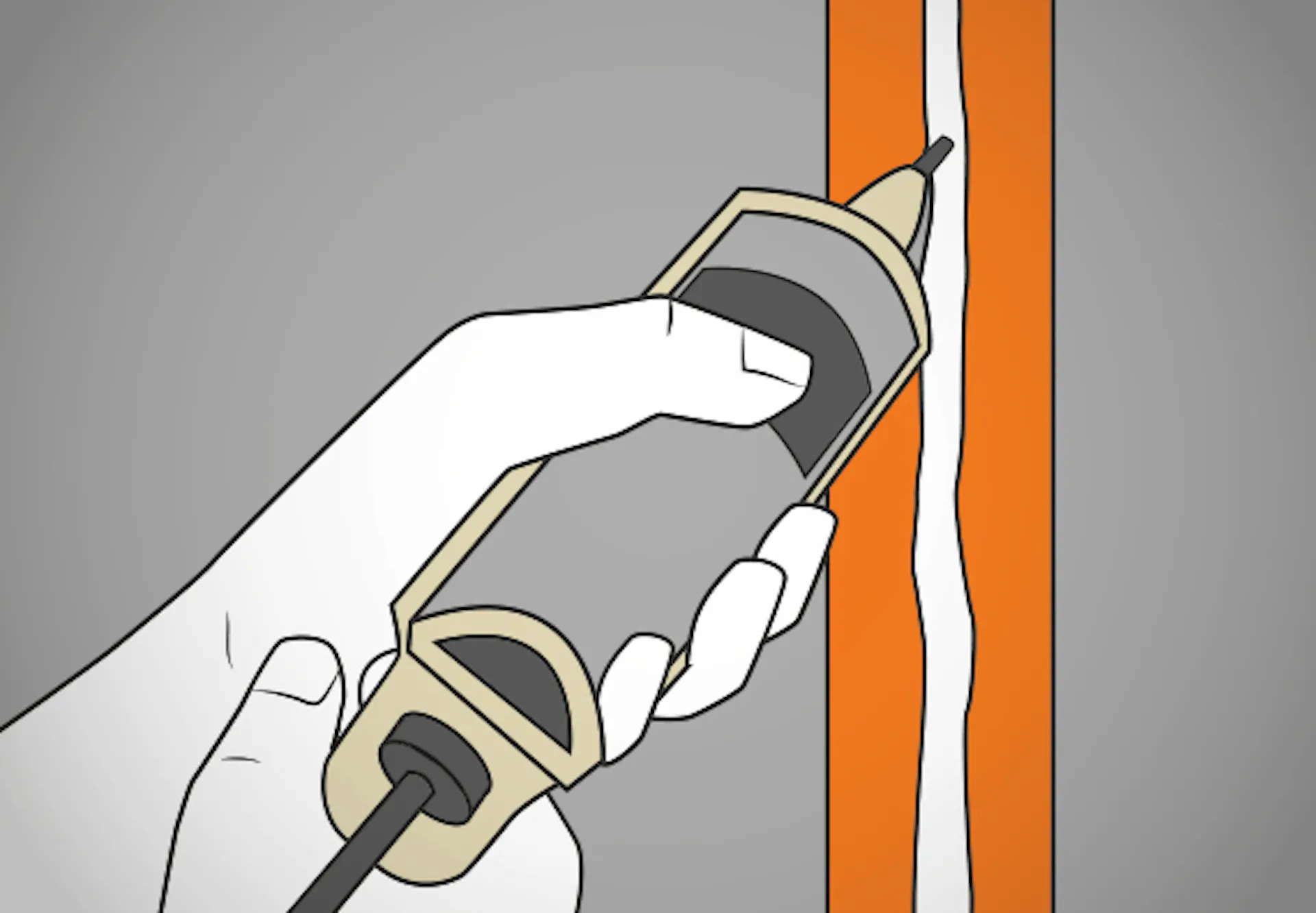 Heimwerker dichtet Mauerriss-Fuge mit Acryl aus Kartuschenpresse ab.