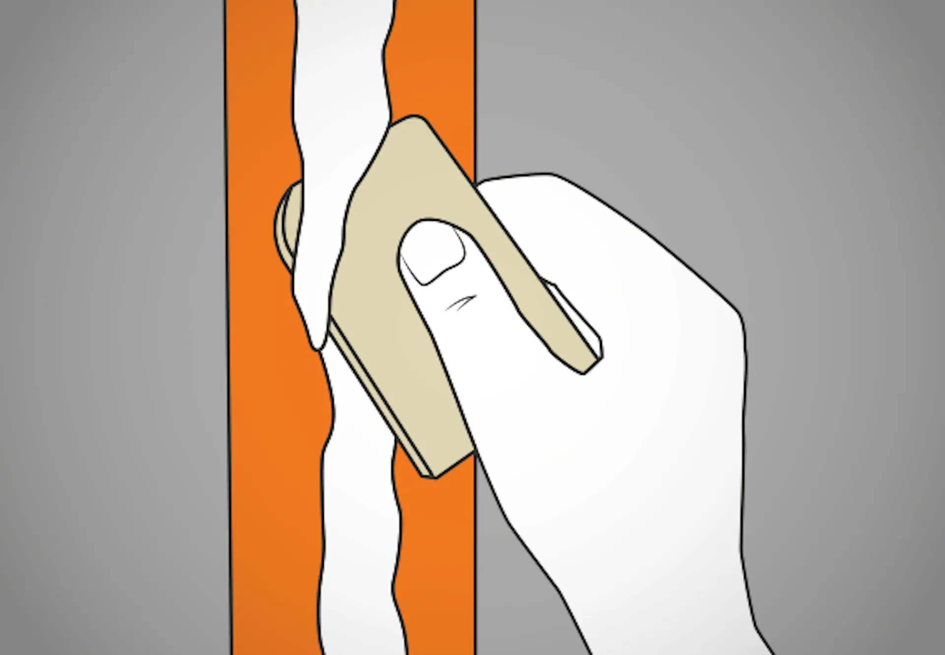 Heimwerker zieht überschüssiges Acryl aus der Mauerriss-Fuge mit Fugenglätter ab.