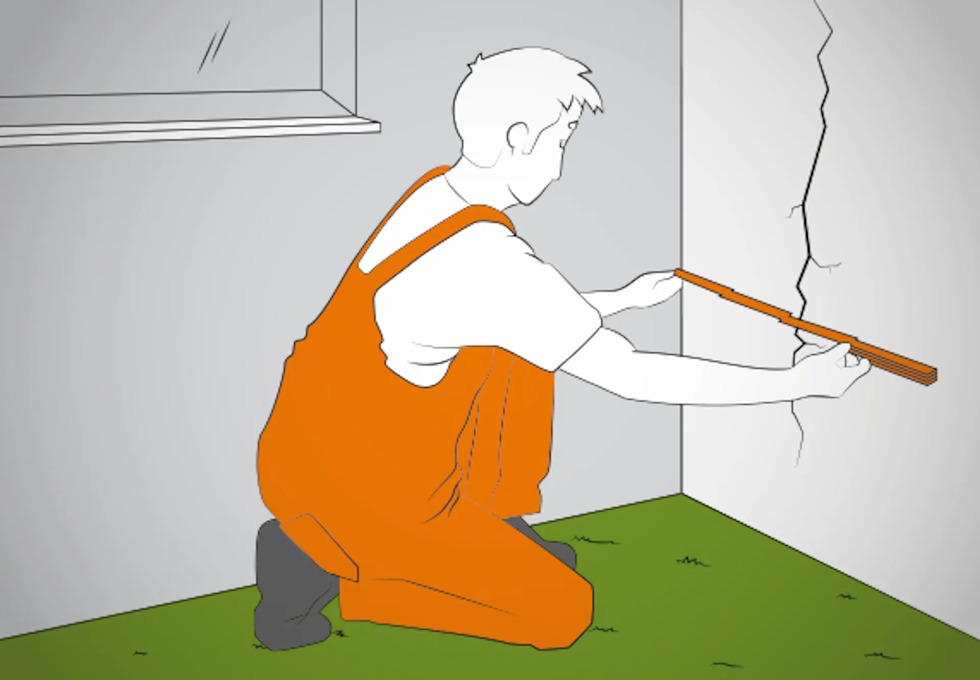 Heimwerker misst die Breite des Mauerrisses in der Wand mit dem Zollstock aus.