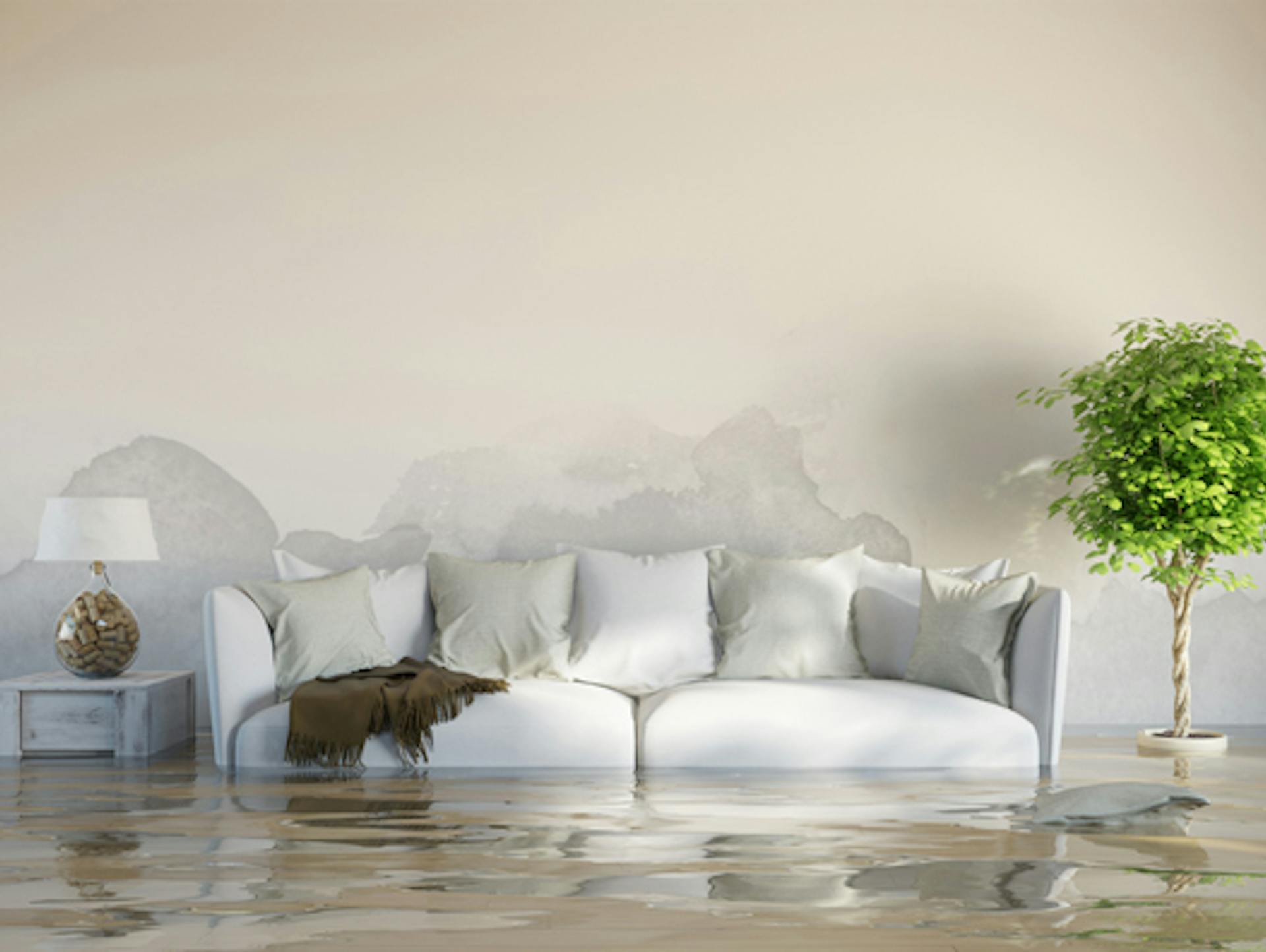 L’acqua ha danneggiato il soggiorno, i mobili e il divano nell’acqua.