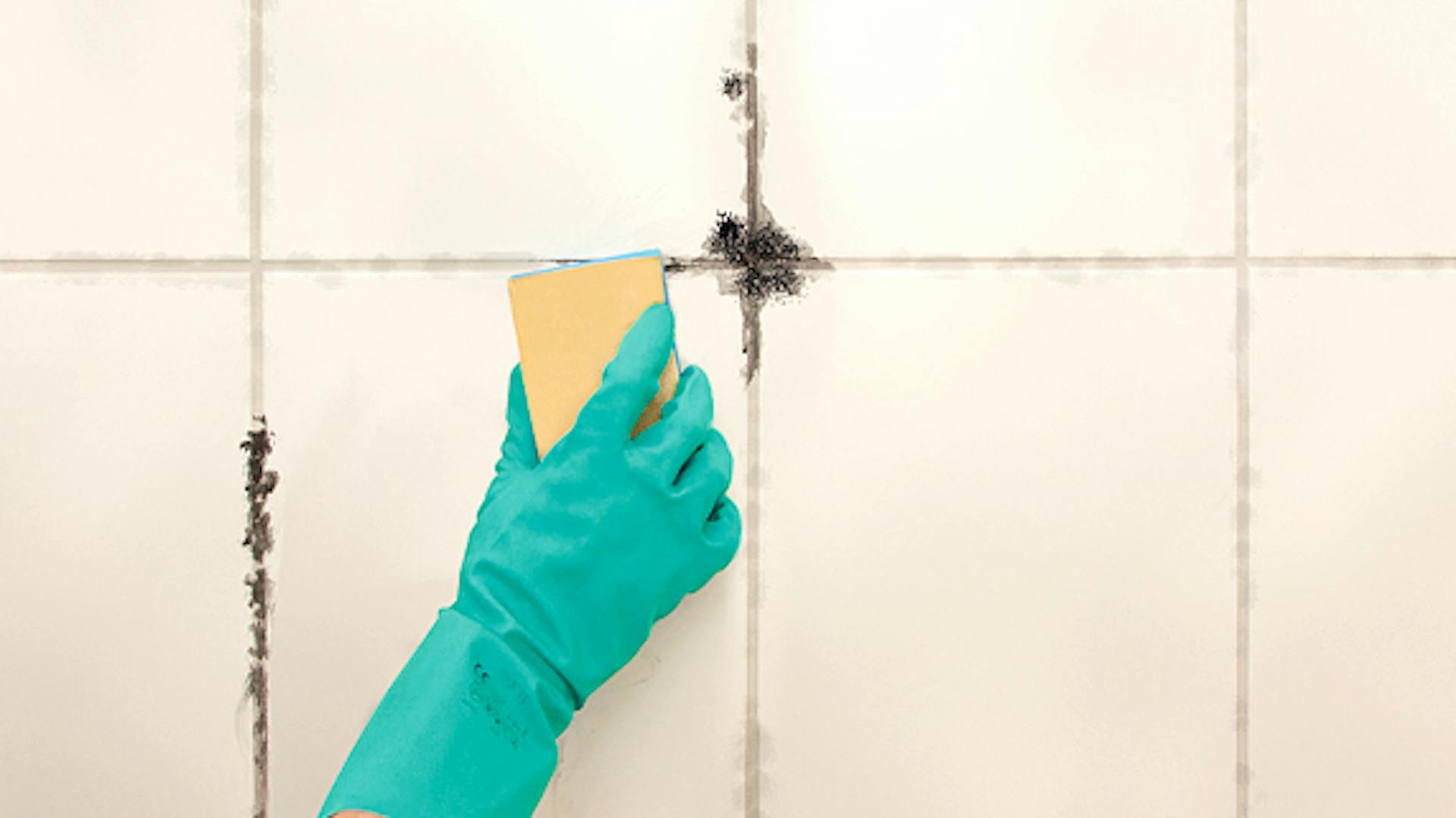 Schimmel in der oberen Ecke des Fensters wird mit einem Mittel entfernt