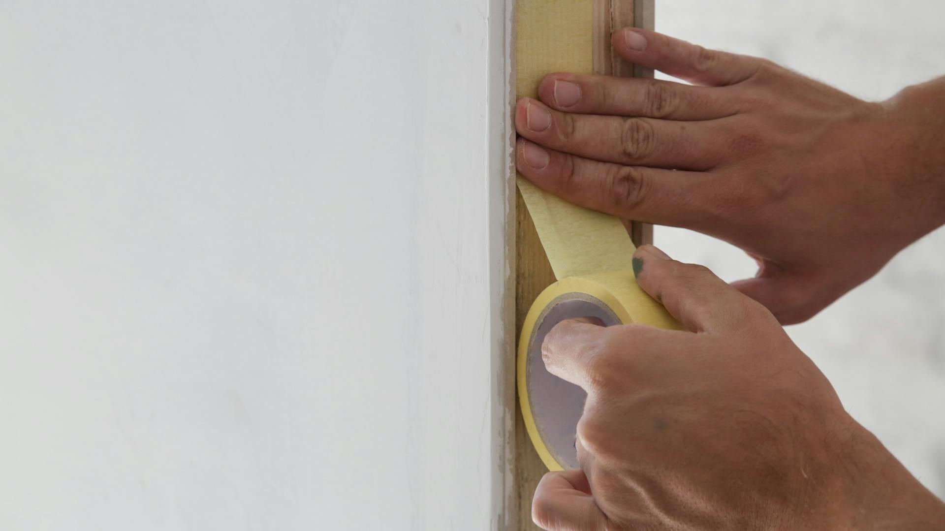 Jemand klebt eine Wand mit Malerkreppband ab.