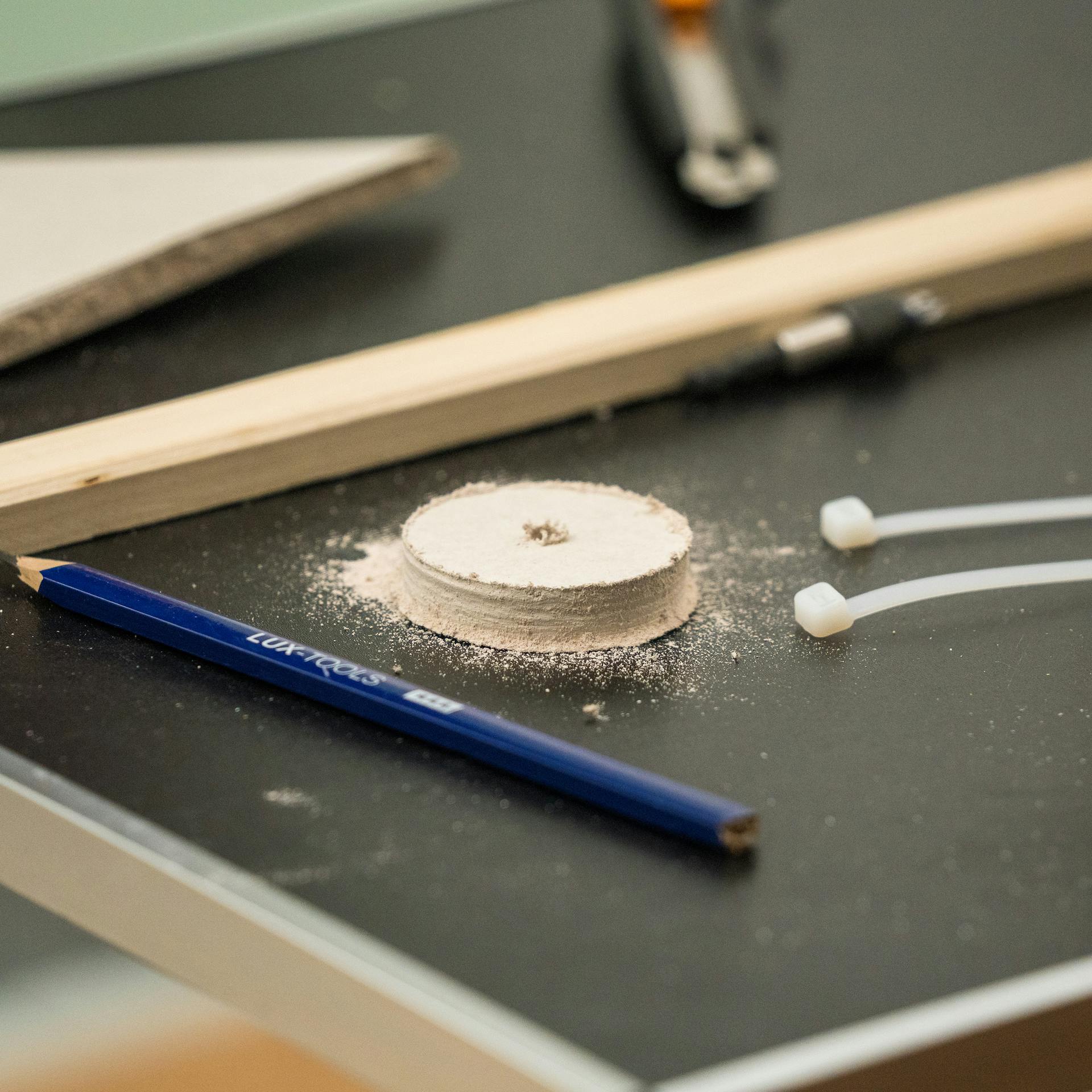 Rundes Füllstück aus einer Gipskartonplatte auf einem Tisch